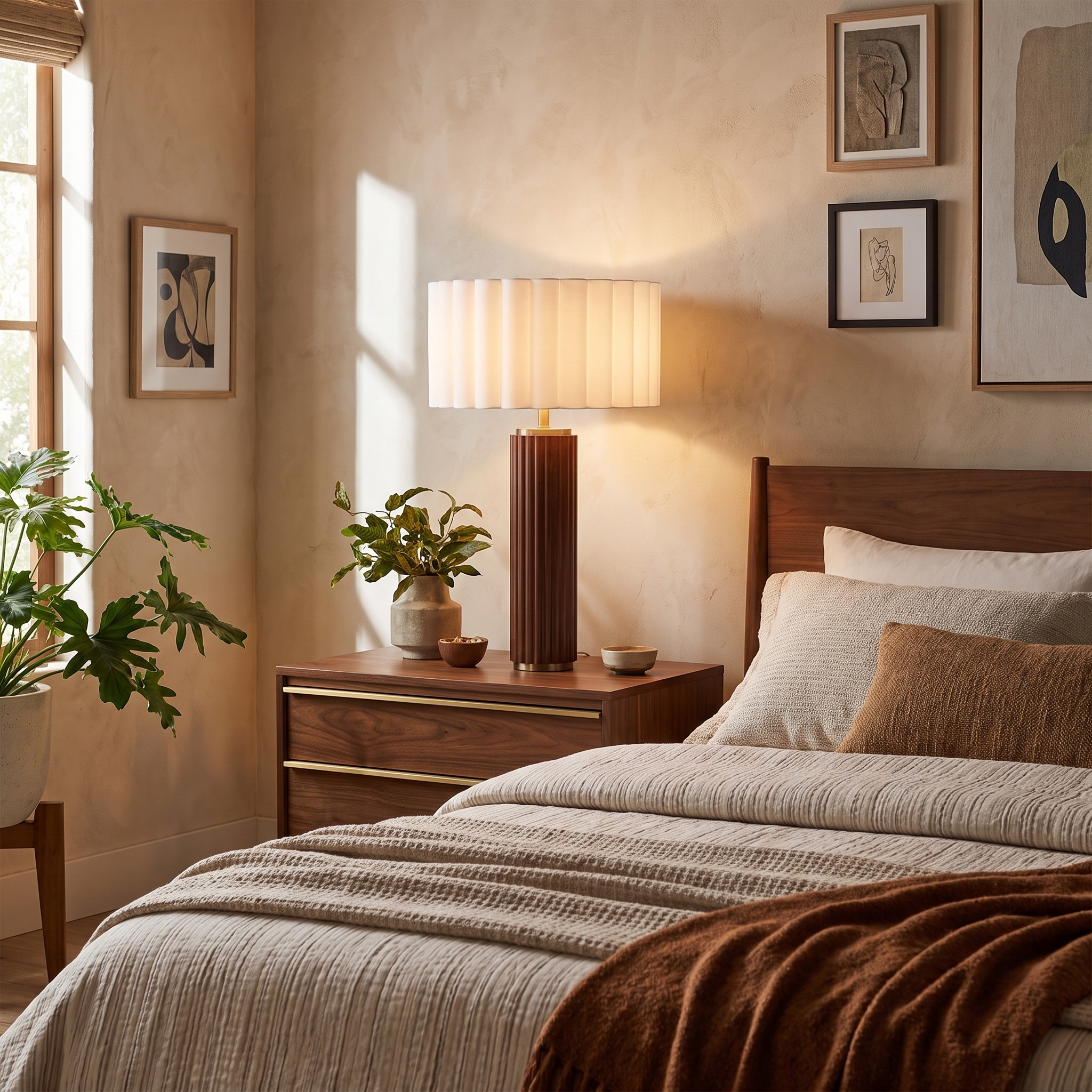 Tambo Scallop Table Lamp, Scallop Shade Weathered Brass, Dark Walnut