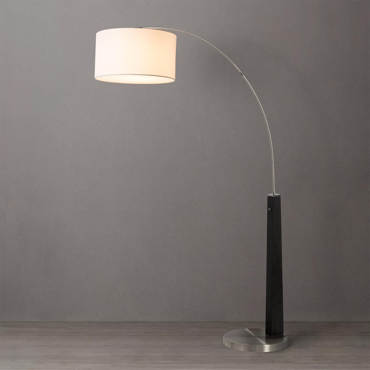 Taper One Light Arc Floor Lamp in Black Wood with Satin Nickel and White Linen Shade