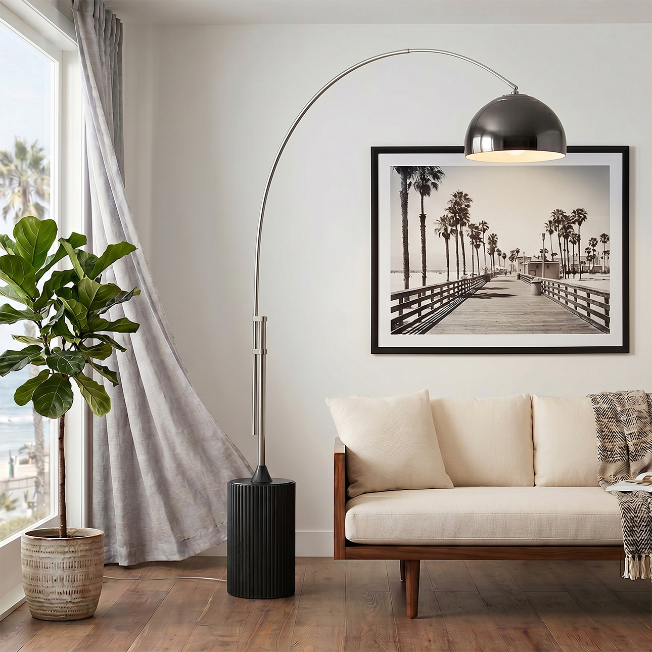 Half-Dome 92″H 1-Light Arc Lamp, Steel Shade, Satin Nickel, Tambo Black Oak Wood Base, Floor Foot Slide Dimmer