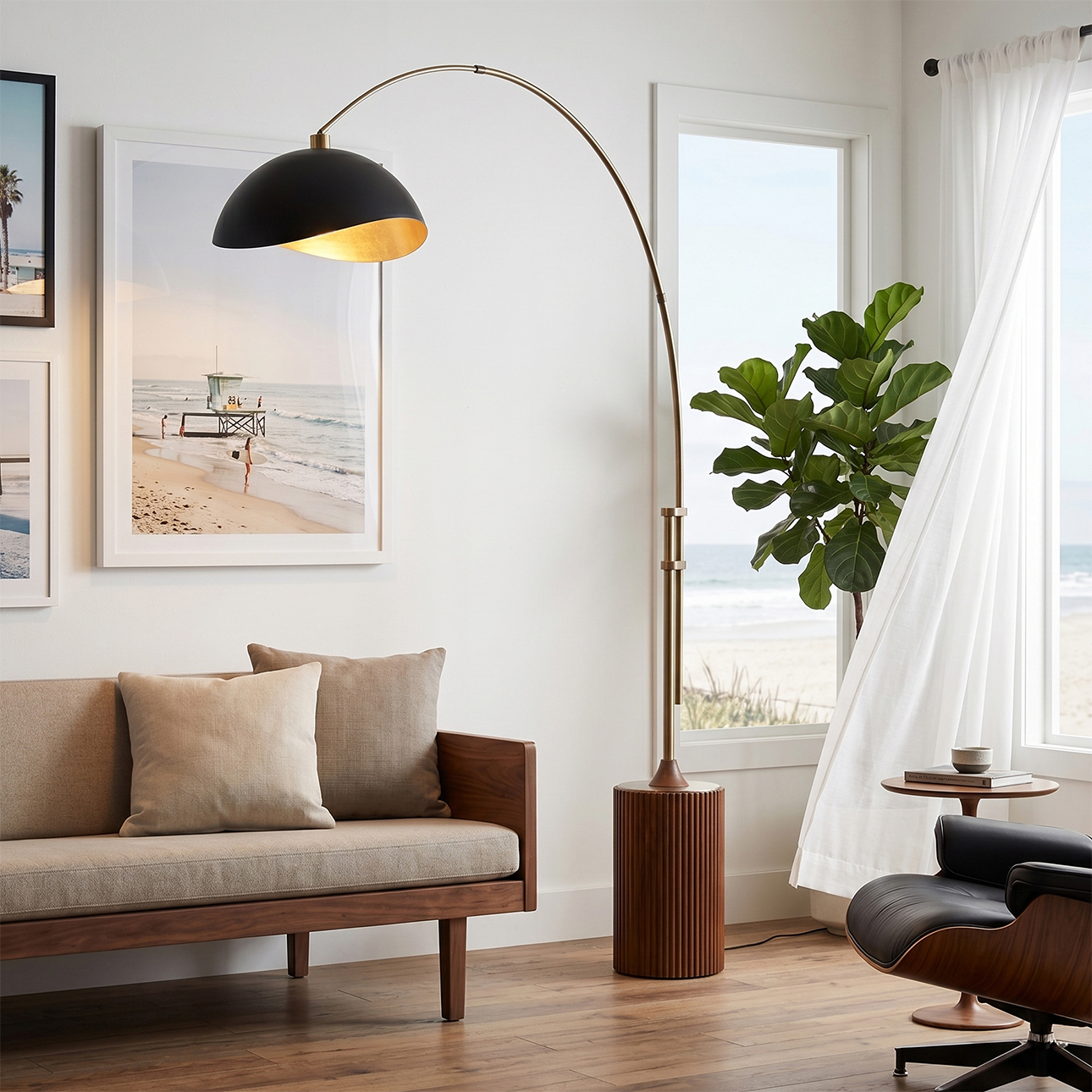 Luna Bella 92″H 1-Light Arc Lamp, Luna Bella Steel Shade, Weathered Brass Dark Walnut Wood Base, Floor Foot Slide Dimmer