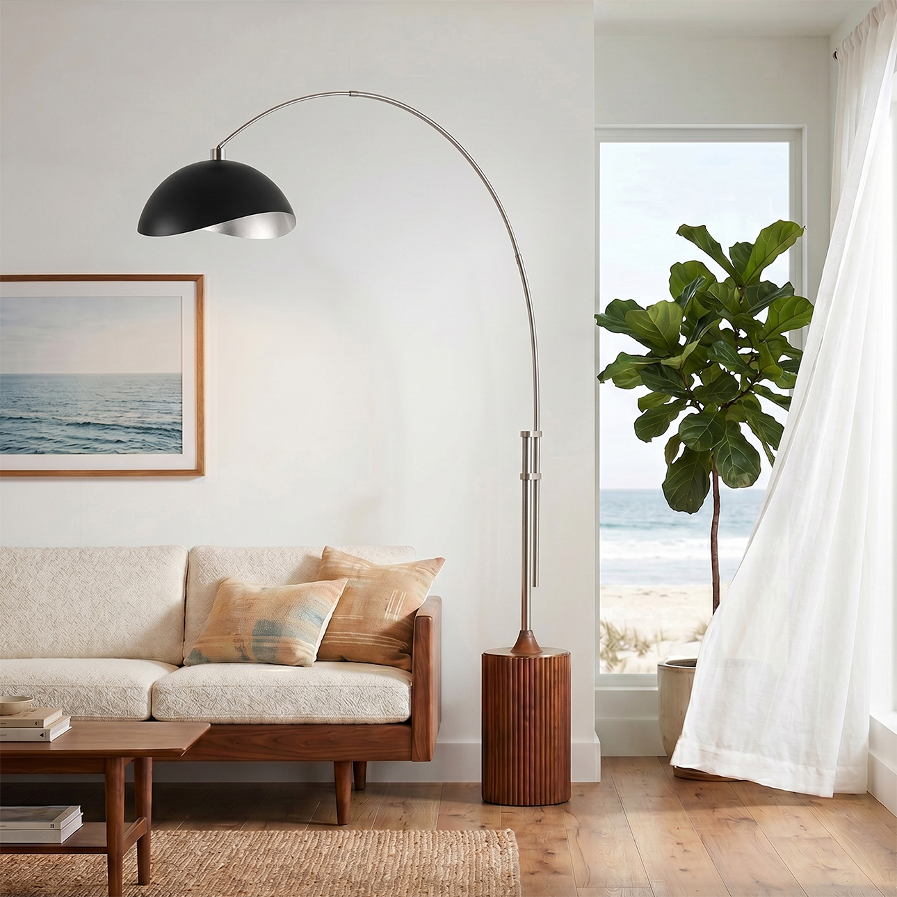 Luna Bella 92″H 1-Light Arc Lamp, Luna bella Shade, Dark Walnut Base, Satin Nickel, Dimmable for Living Room or Bedroom
