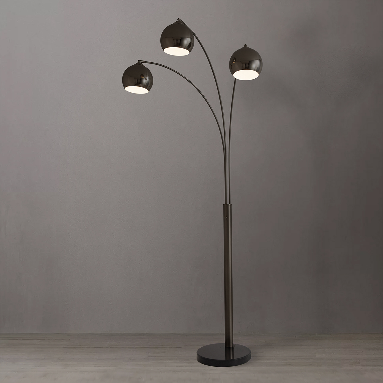 Triplet Three Light Arc Floor Lamp in Black Nickel with Black Marble Base