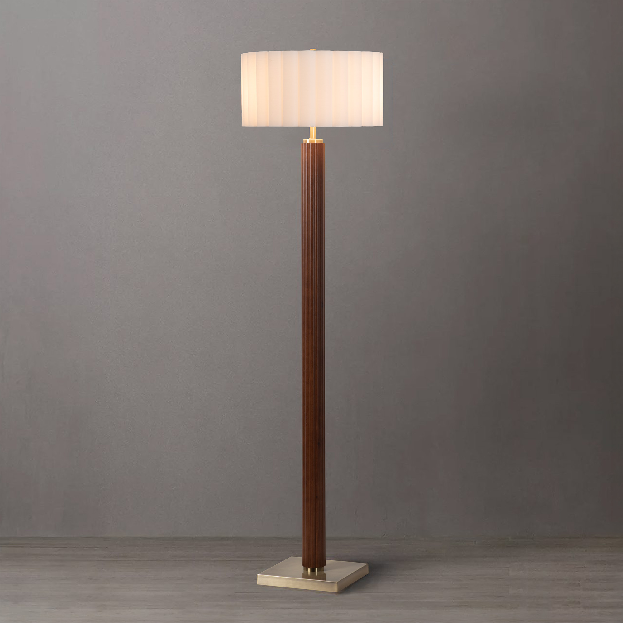 Tambo Scallop Floor Lamp, Scallop Shade Weathered Brass, Dark Walnut