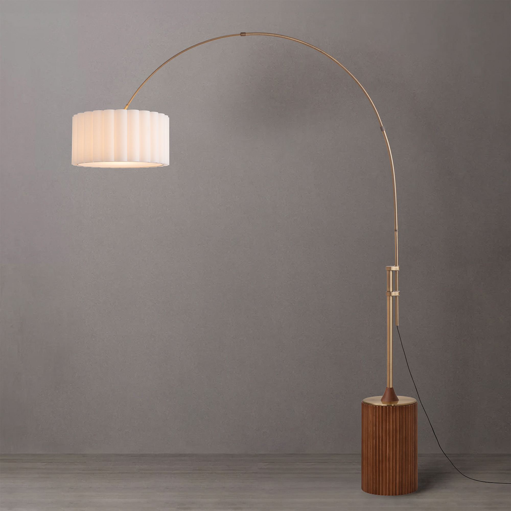 Tambo Scallop 92″H 1-Light Arc Lamp, Scallop White Linen Shade, Weathered Brass Steel Body, Dark Walnut Wood Base, Floor Foot Slide Dimmer