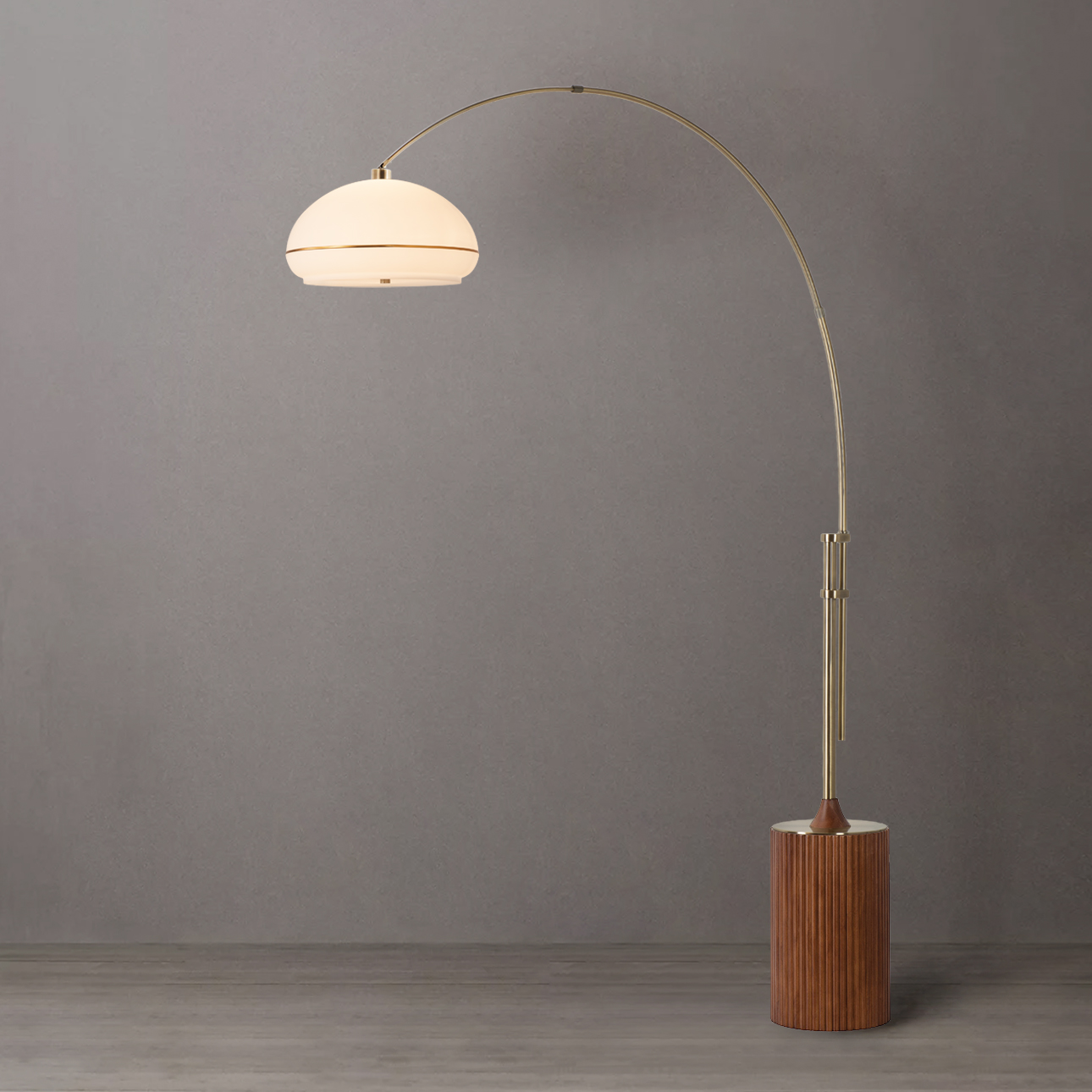 Tambo 92″H 1-Light Arc Lamp, White Lucite Shade, Weathered Brass Steel Body, Dark Walnut Wood Base, Floor Foot Slide Dimmer