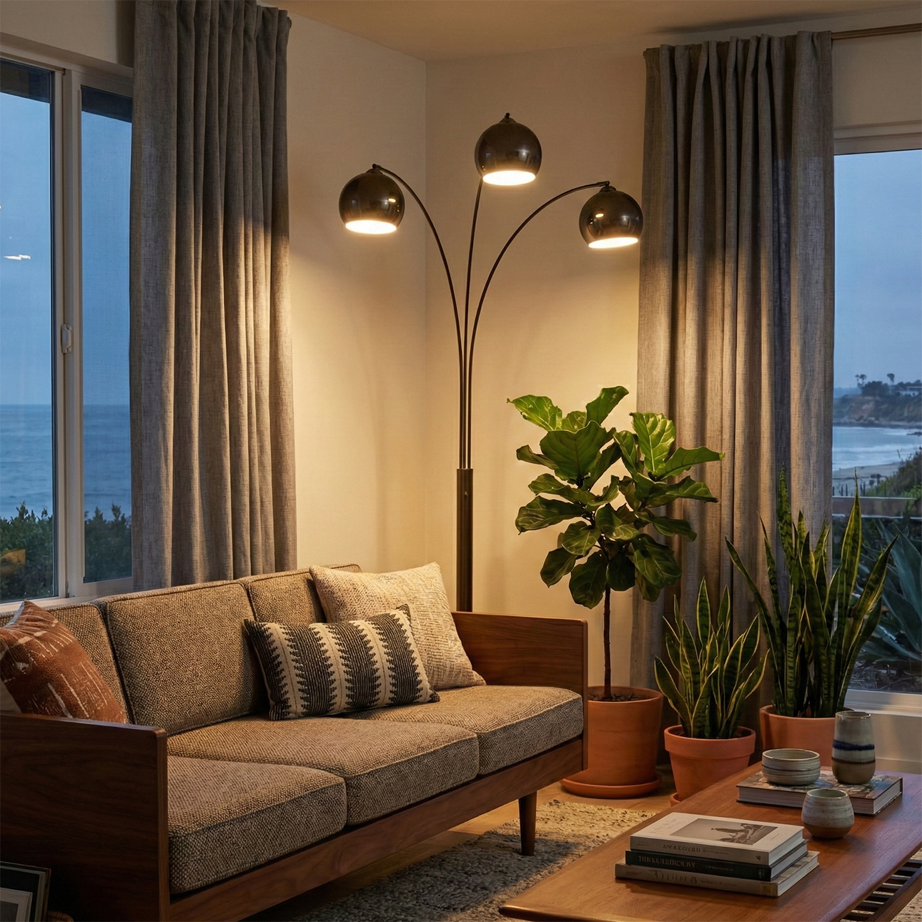 Triplet Three Light Arc Floor Lamp in Black Nickel with Black Marble Base