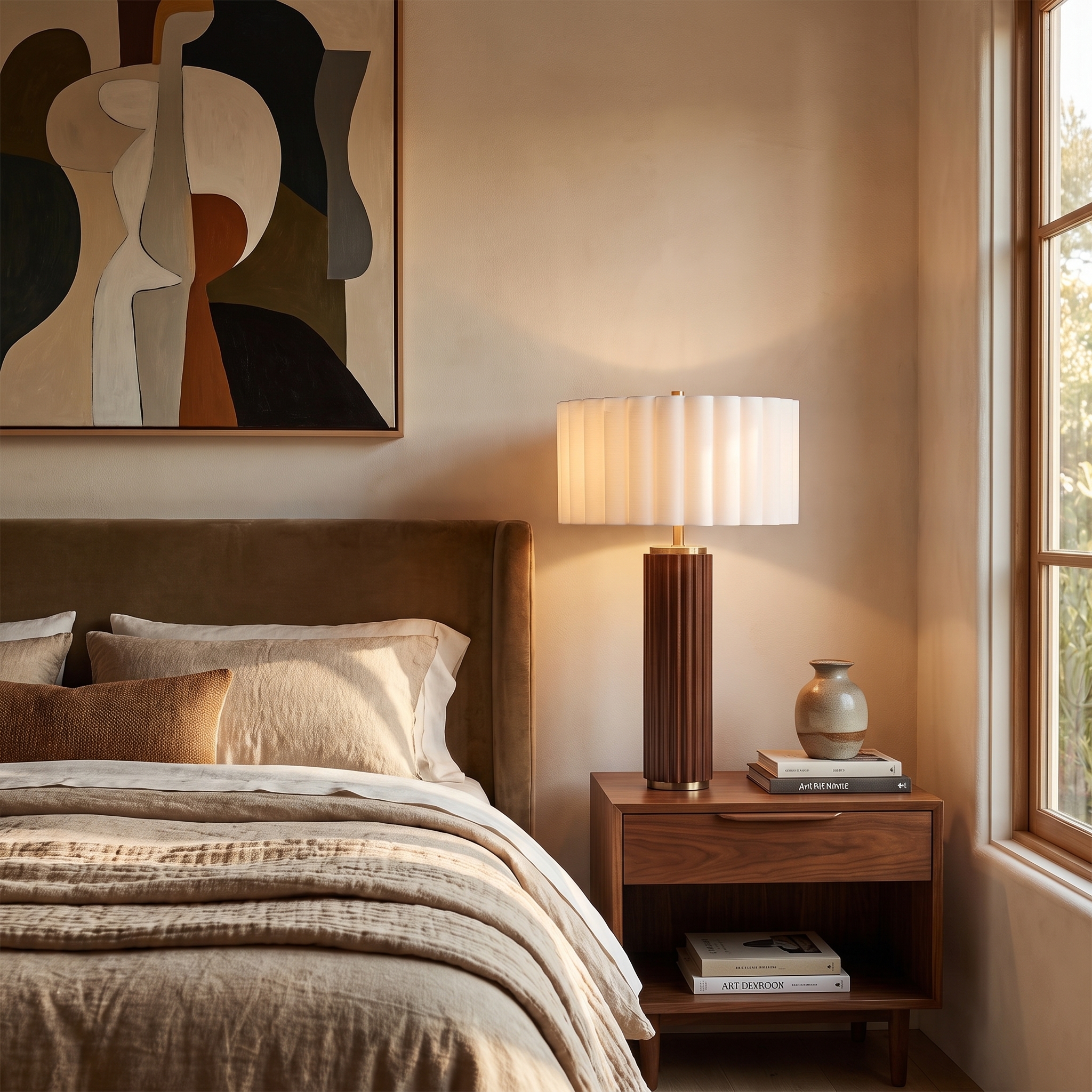 Tambo Scallop Table Lamp, Scallop Shade Weathered Brass, Dark Walnut