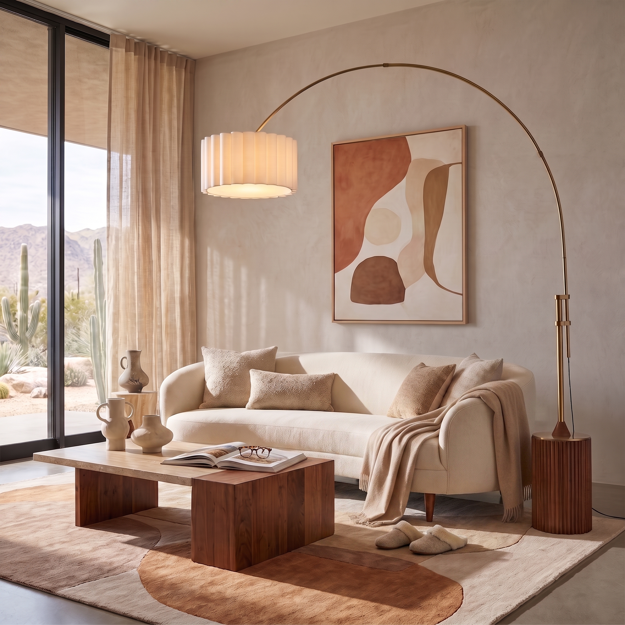 Tambo Scallop 92″H 1-Light Arc Lamp, Scallop White Linen Shade, Weathered Brass Steel Body, Dark Walnut Wood Base, Floor Foot Slide Dimmer