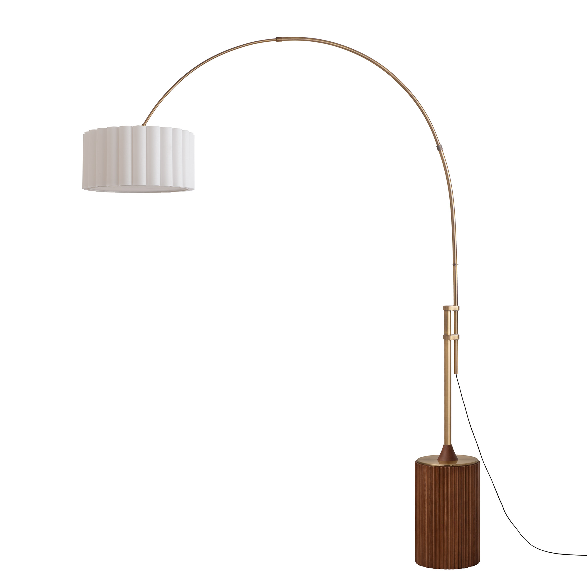 Tambo Scallop 92"H 1-Light Arc Lamp, Scallop White Linen Shade, Weathered Brass Steel Body, Dark Walnut Wood Base, Floor Foot Slide Dimmer