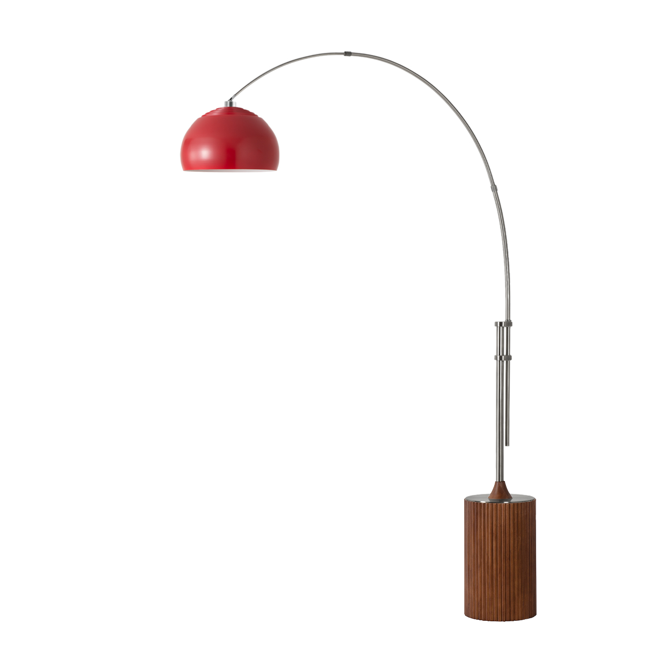 Tambo 92"H 1-Light Arc Lamp, Steel Shade, Satin Nickel Steel Body, Dark Walnut Wood Base, Floor Foot Slide Dimmer - Crimson Red