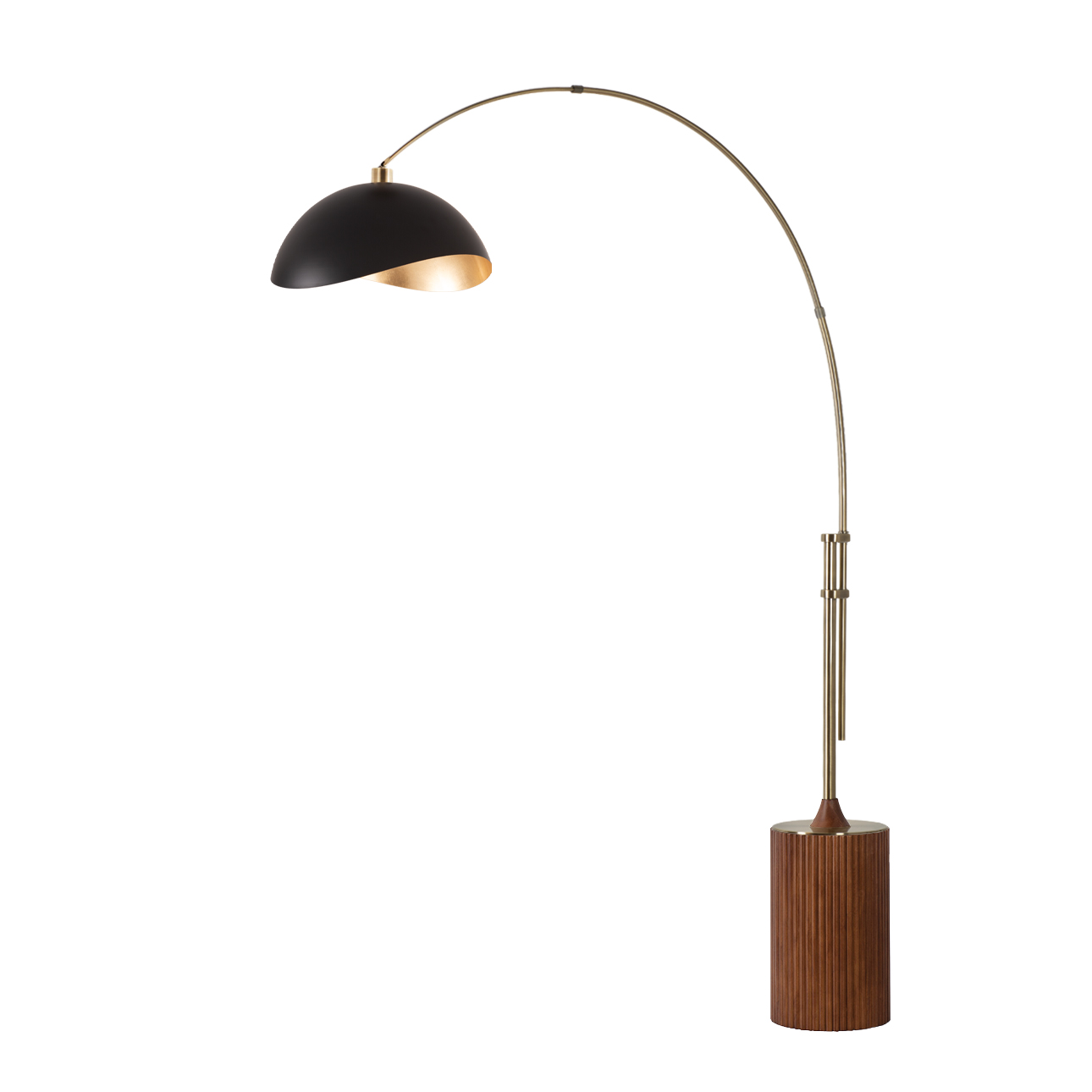 Tambo 92"H 1-Light Arc Lamp, Matte Steel Shade, Weathered Brass Steel Body, Dark Walnut Wood Base, Floor Foot Slide Dimmer