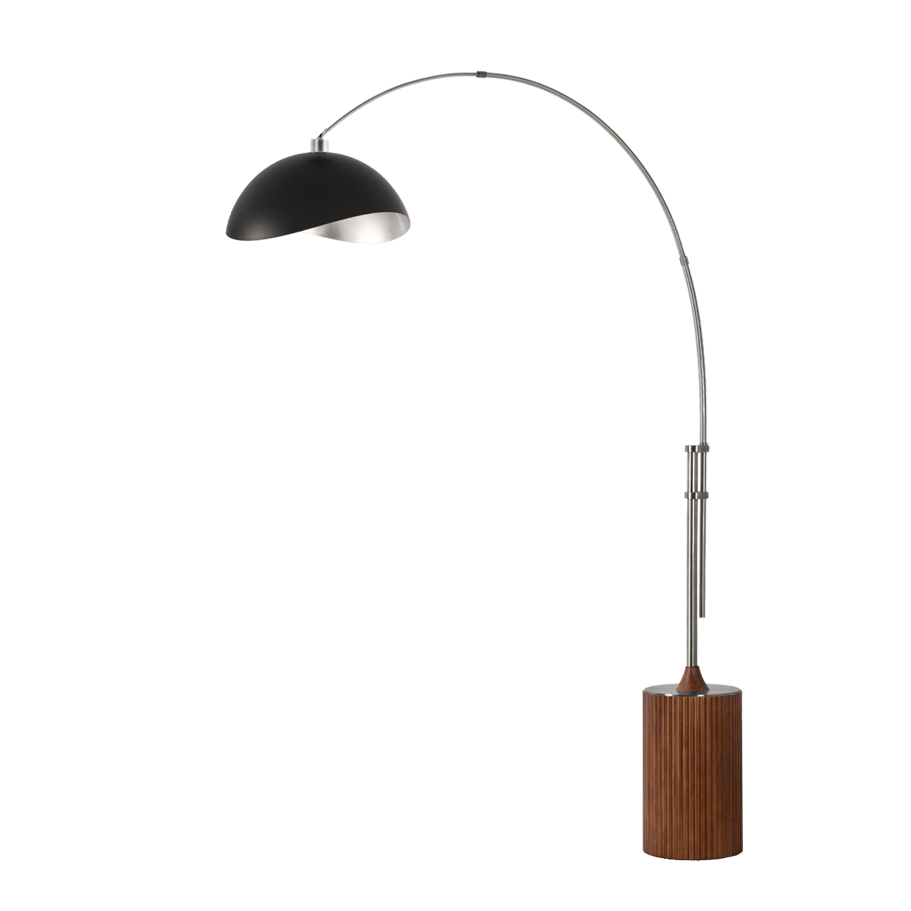 Tambo 92"H 1-Light Arc Lamp, Steel Shade, Satin Nickel Steel Body, Dark Walnut Wood Base, Floor Foot Slide Dimmer - Matte Black/Silver