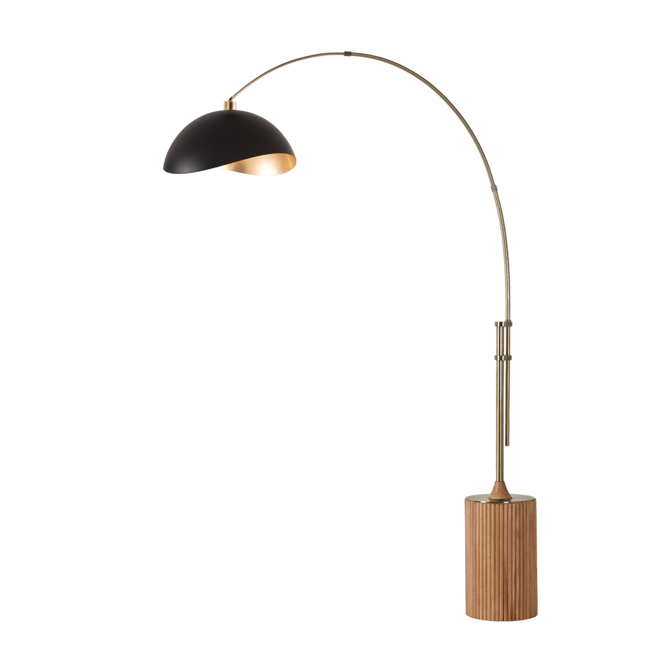Tambo 92"H 1-Light Arc Lamp, Weathered Brass Steel Body, Natural Ash Wood Base, Floor Foot Slide Dimmer
