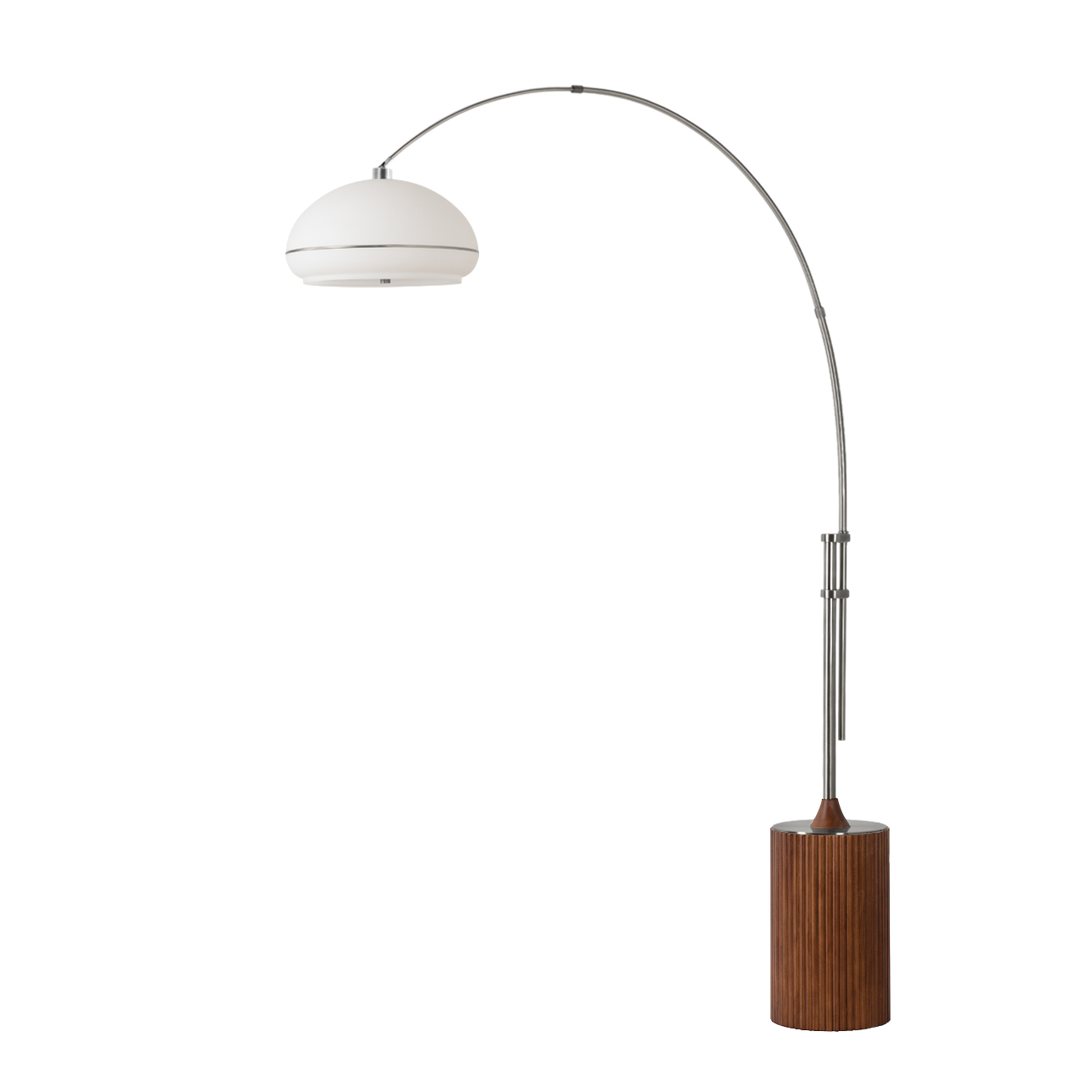 Tambo Morelli 92"H 1-Light Arc Lamp, Oval White Lucite Shade, Satin Nickel Steel Body, Steel Wood Base, Foot Slide Dimmer