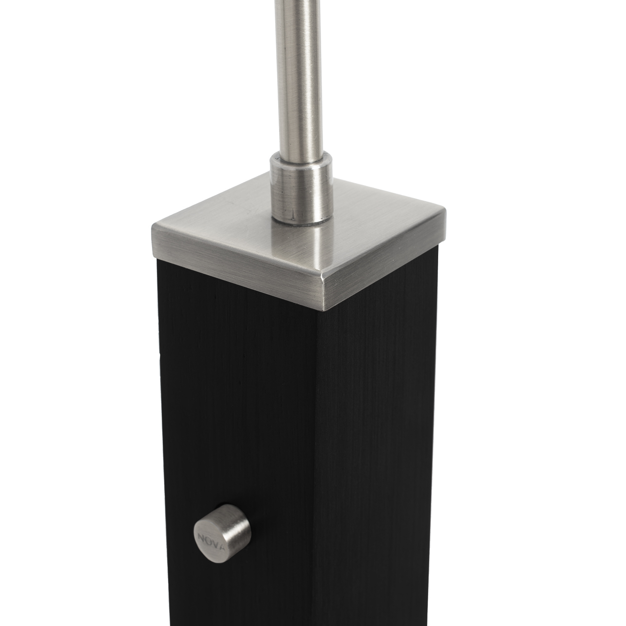 Taper One Light Arc Floor Lamp in Black Wood with Satin Nickel and White Linen Shade