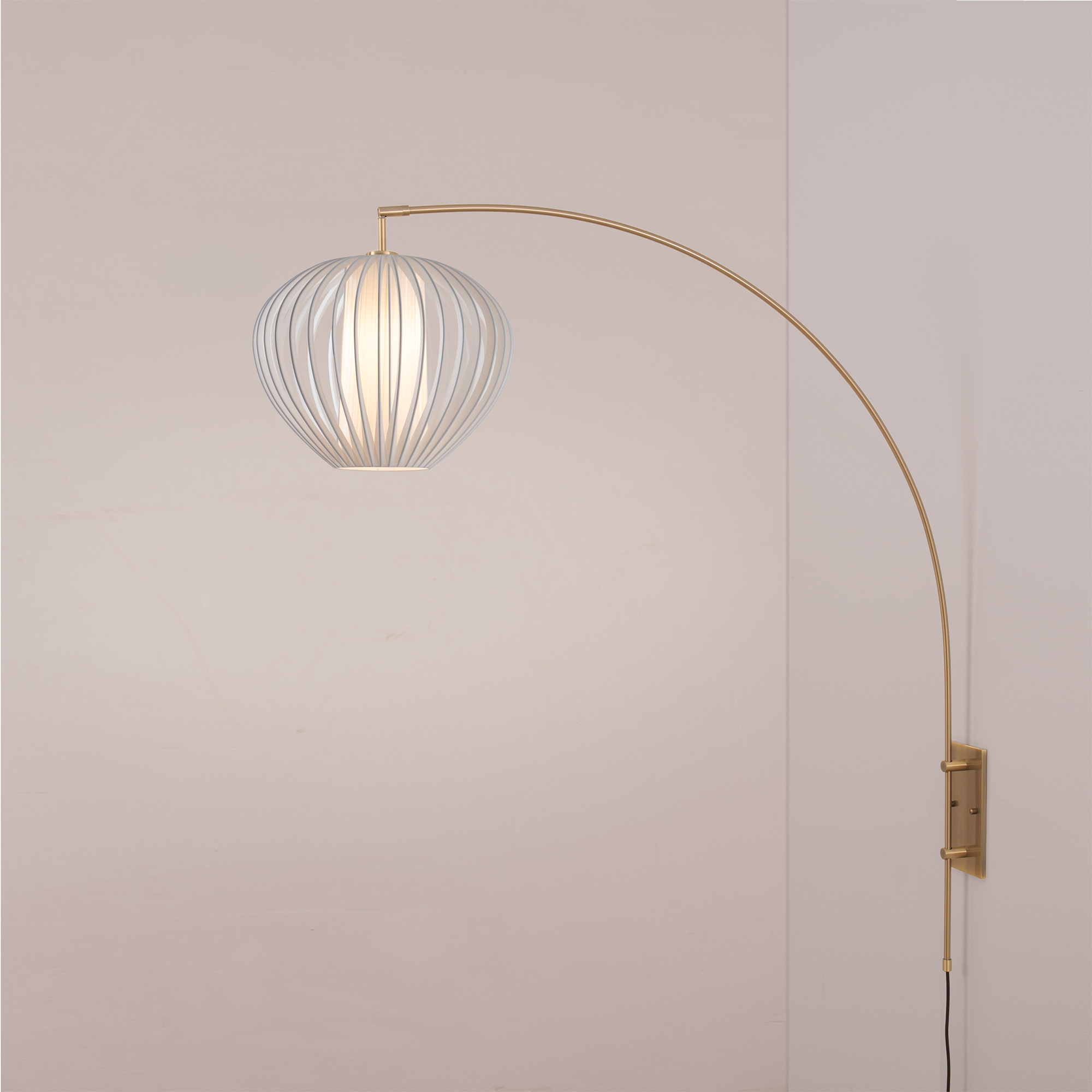 Wall Mounted Arc Lamp, Weathered Brass, Bloom White Satin Shade, Dimmable