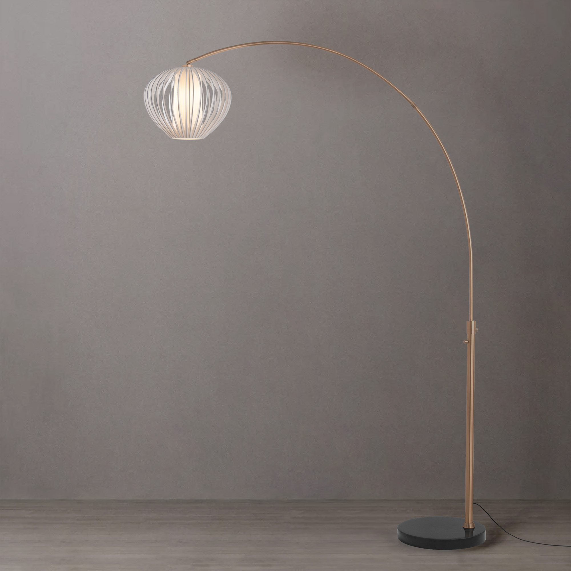 Float 92″H Arc Lamp, Black Marble Base, Bloom White Satin Shade, Weathered Brass, Dimmable