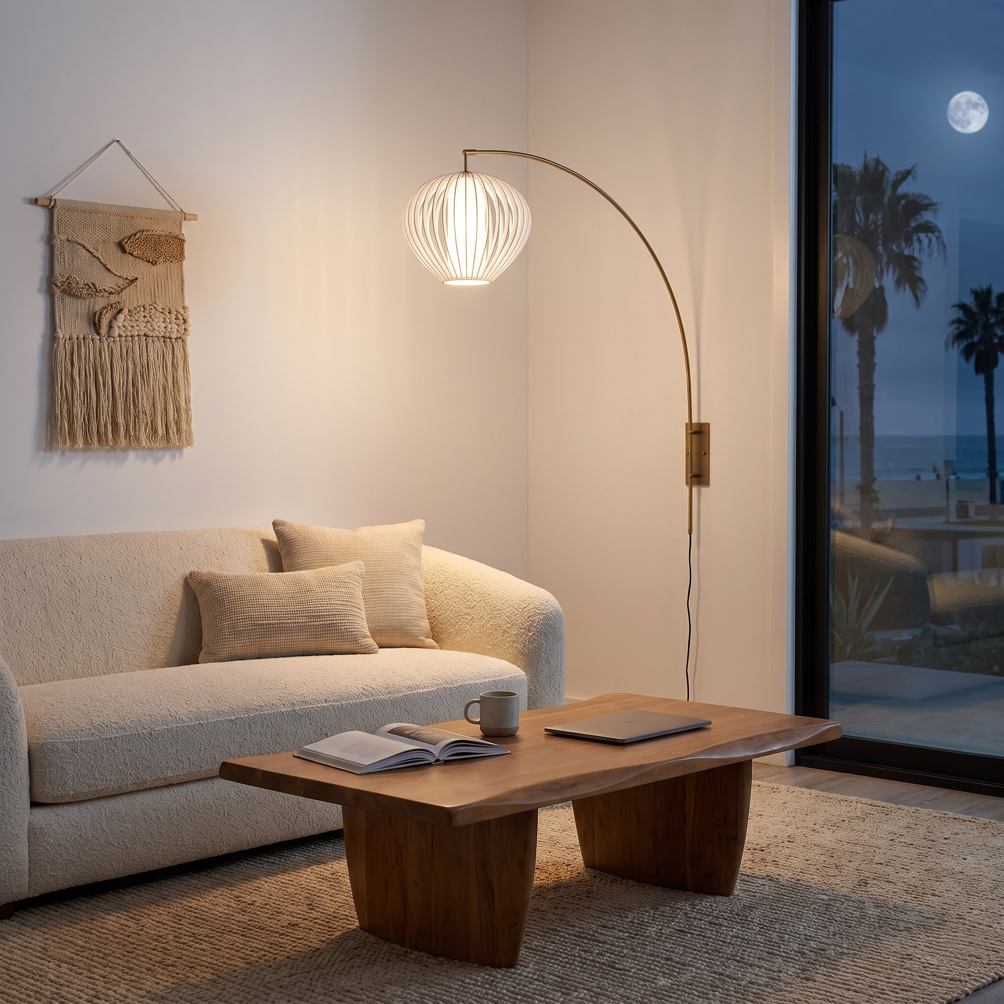 Wall Mounted Arc Lamp, Weathered Brass, Bloom White Satin Shade, Dimmable