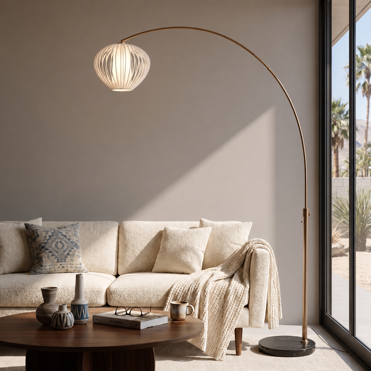 Float 92″H Arc Lamp, Black Marble Base, Bloom White Satin Shade, Weathered Brass, Dimmable
