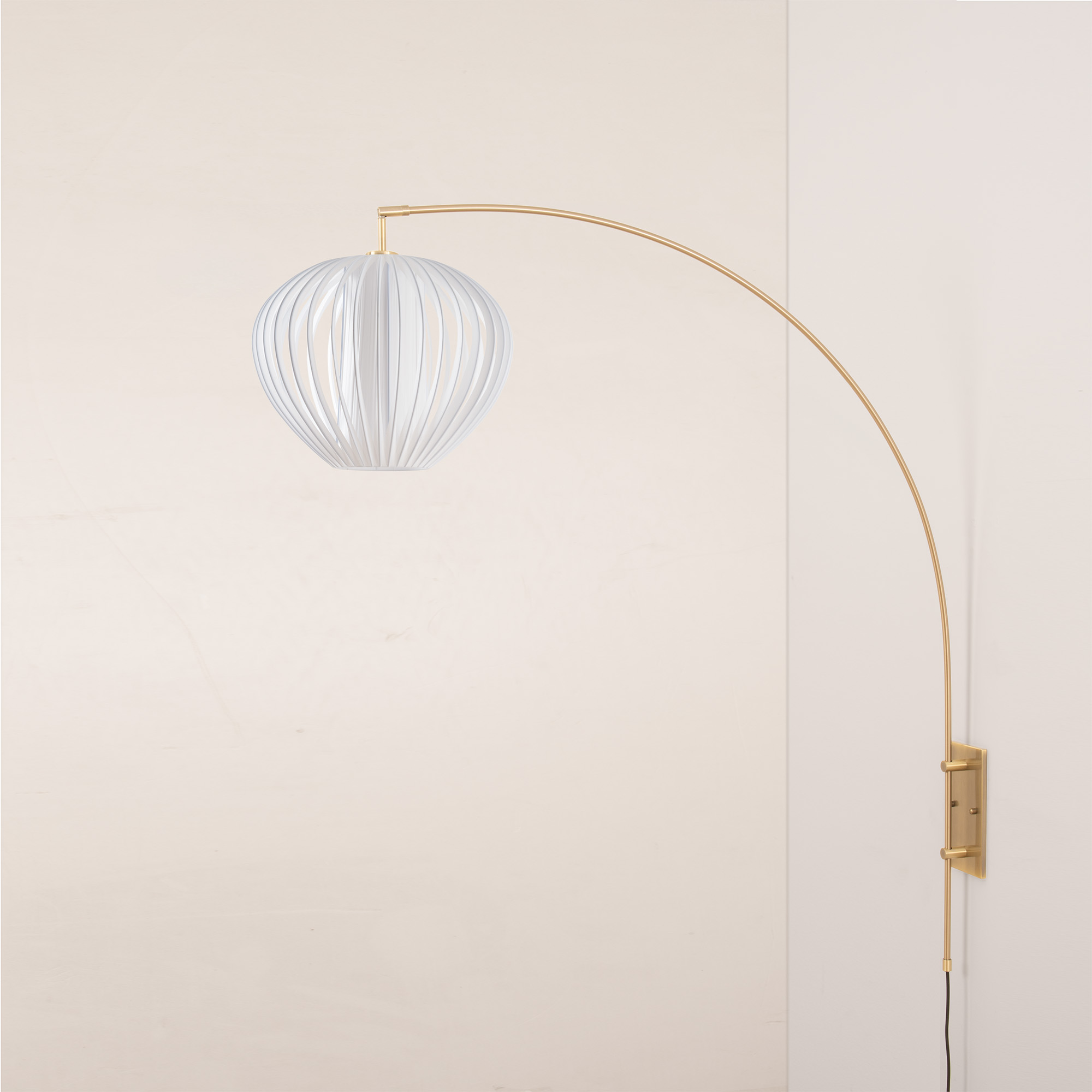 Wall Mounted Arc Lamp, Weathered Brass, Bloom White Satin Shade, Dimmable