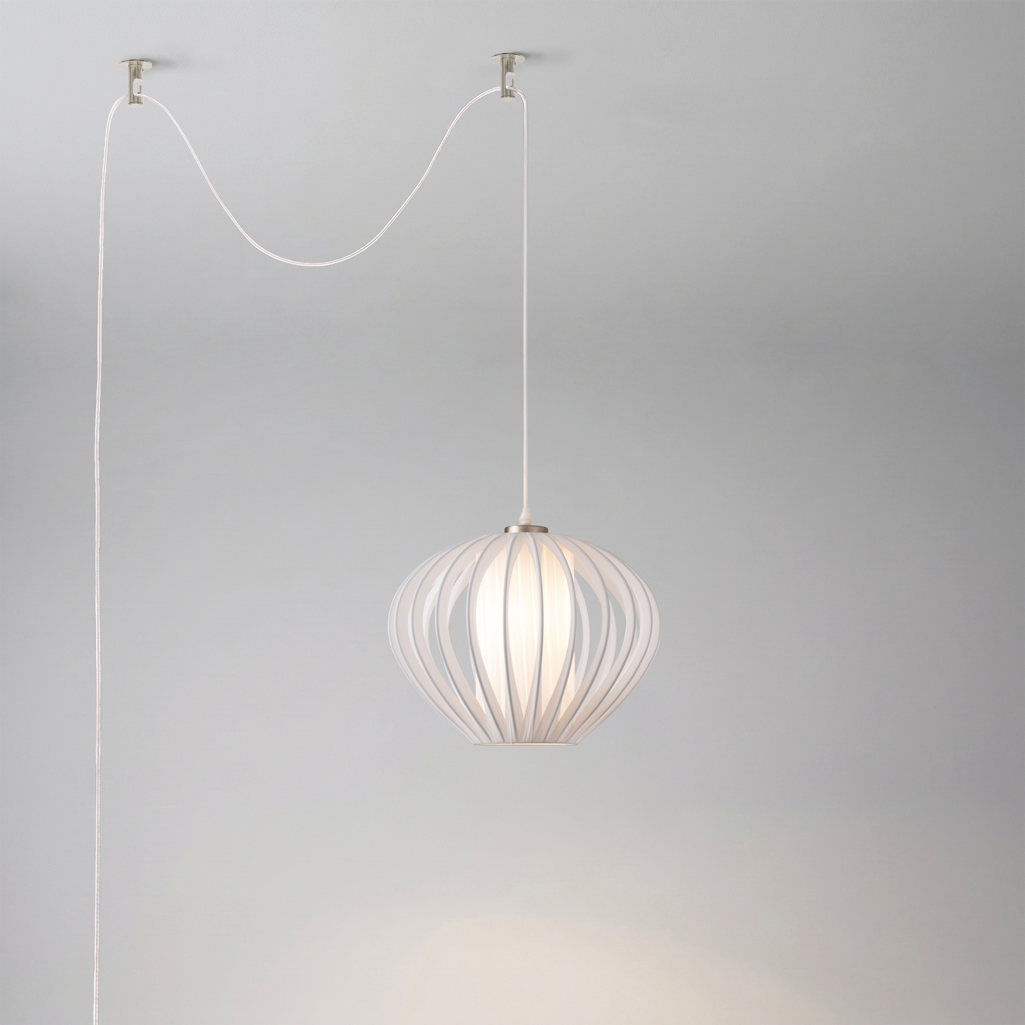 Bloom Swag Lamp, White Satin Shade, Satin Nickel, Dimmable