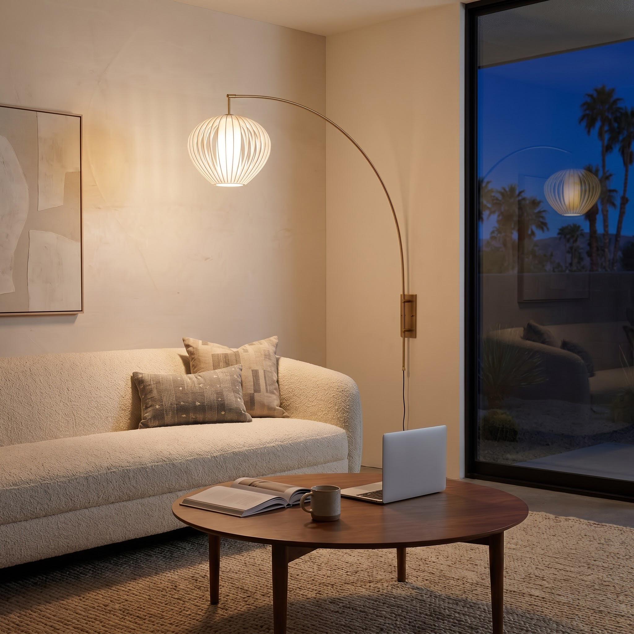 Wall Mounted Arc Lamp, Weathered Brass, Bloom White Satin Shade, Dimmable