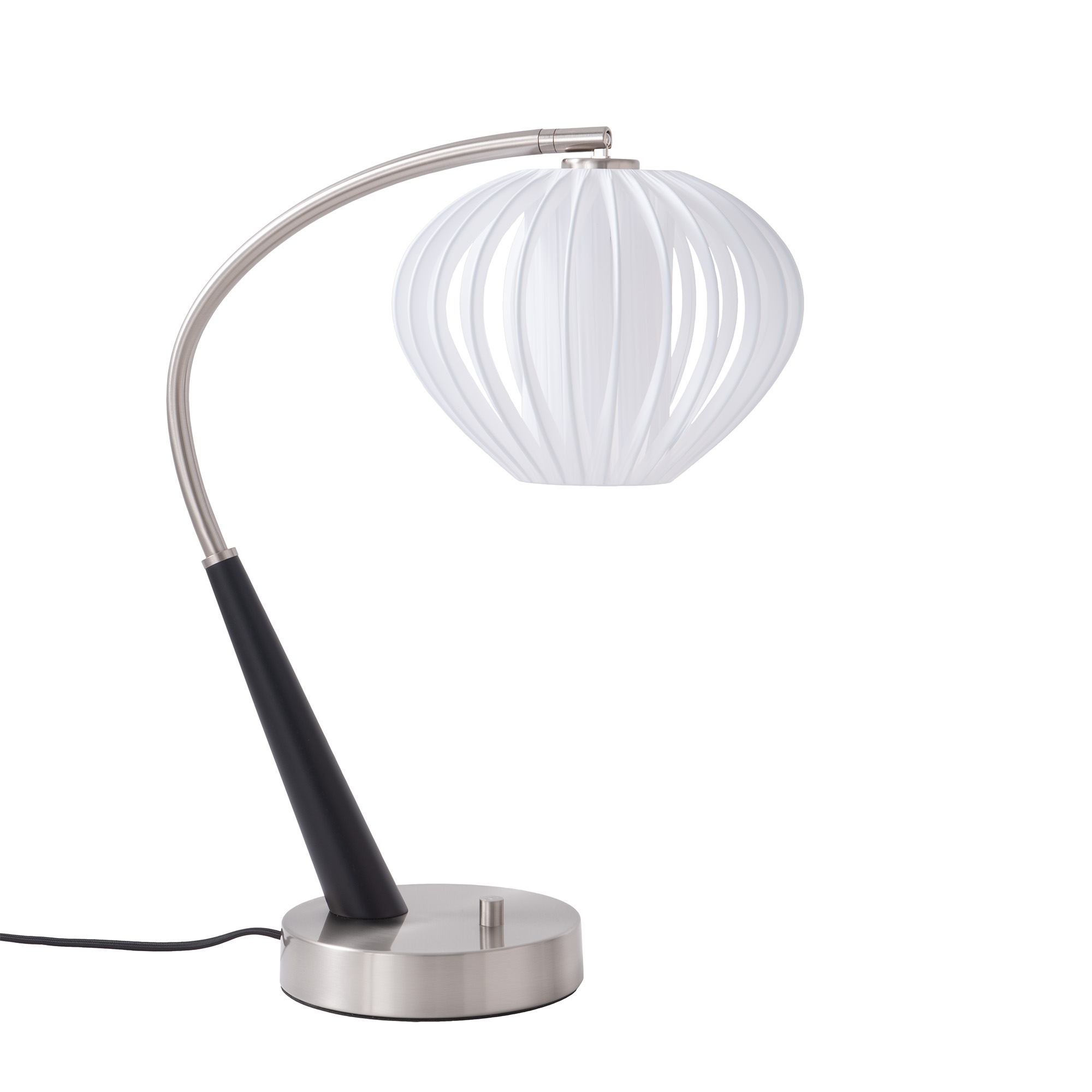 Boomerang Table Lamp, Bloom White Satin Shade, Dark Walnut/Weathered Brass Base