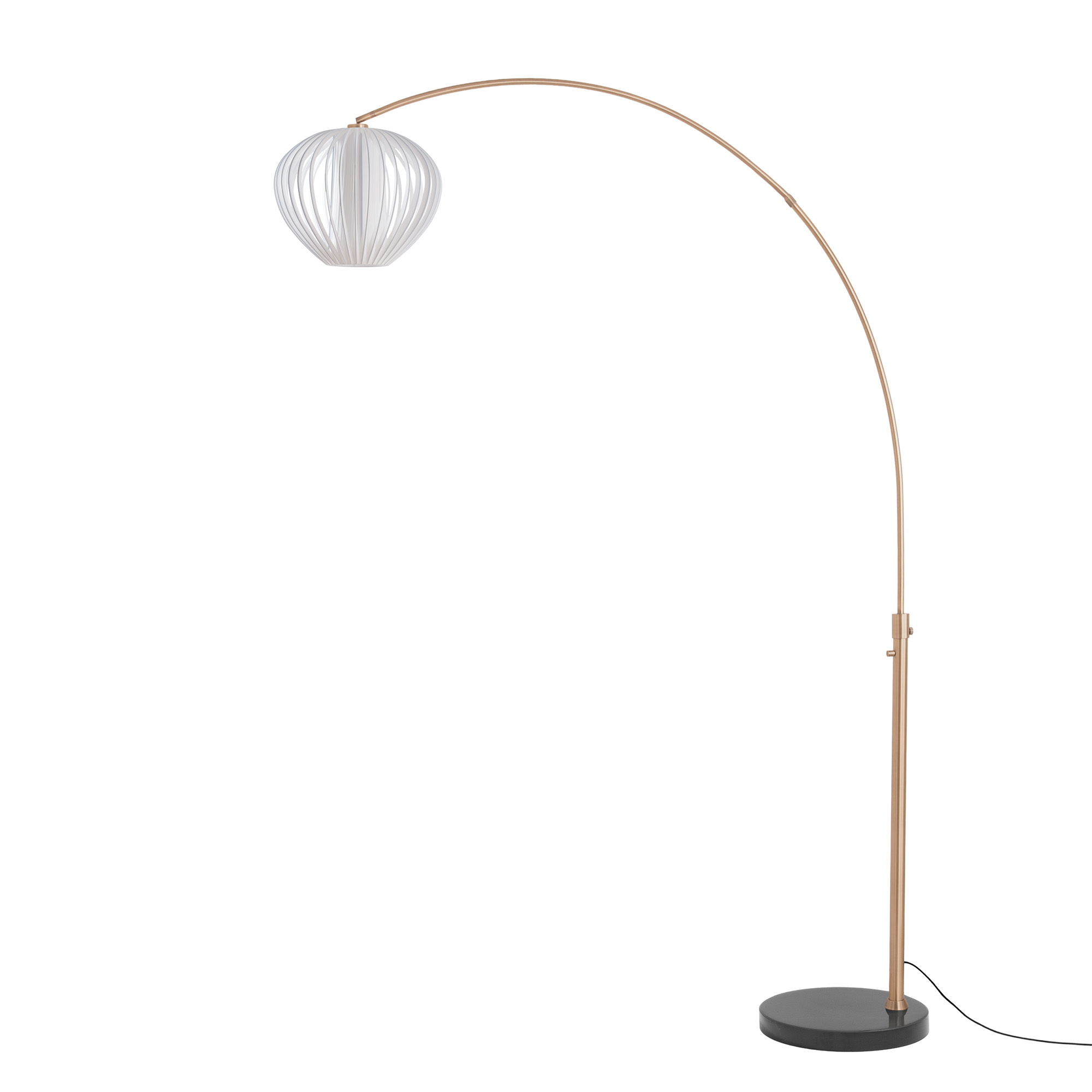 Float 92"H Arc Lamp, Black Marble Base, Bloom White Satin Shade, Weathered Brass, Dimmable