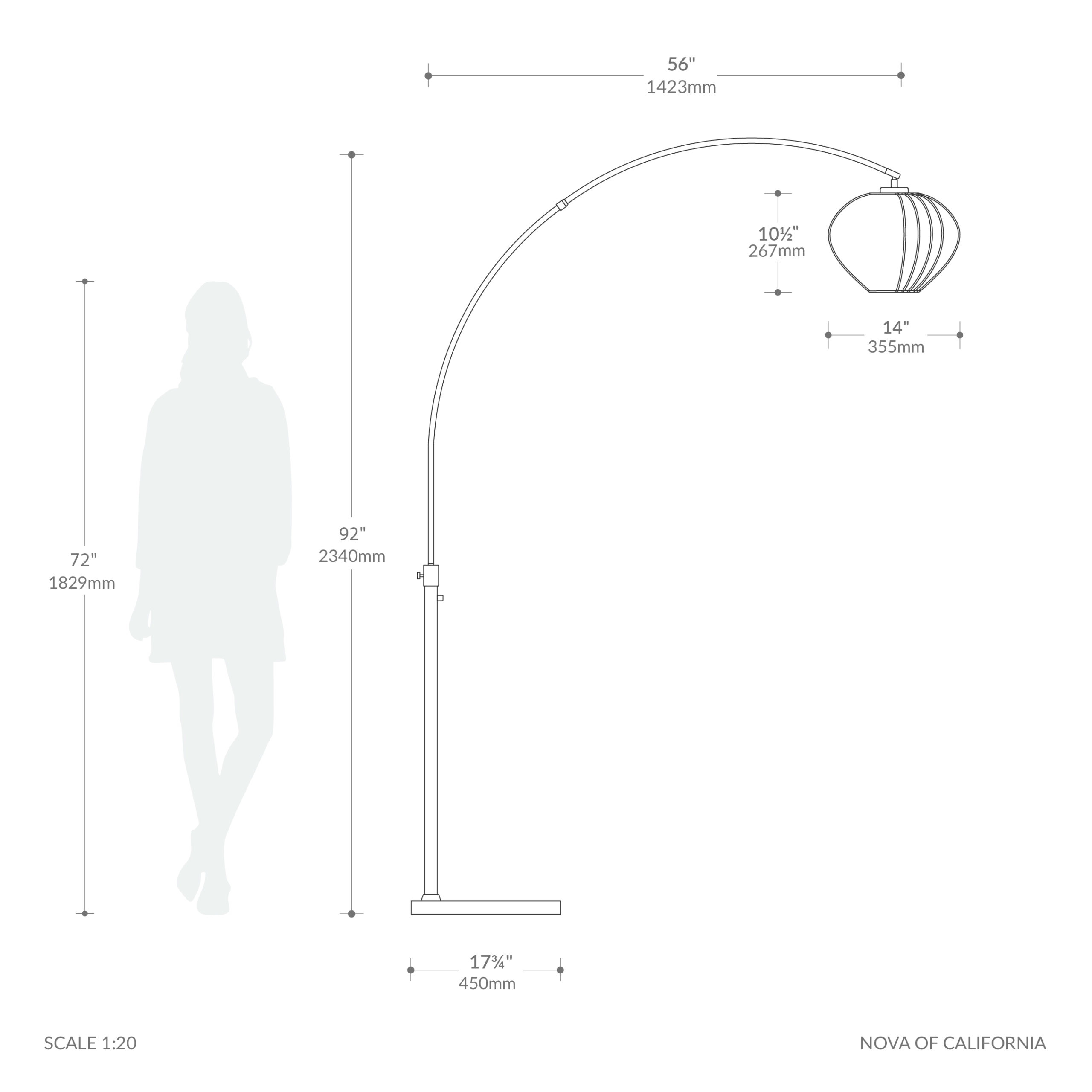 Float 92″H Arc Lamp, Black Marble Base, Bloom White Satin Shade, Weathered Brass, Dimmable
