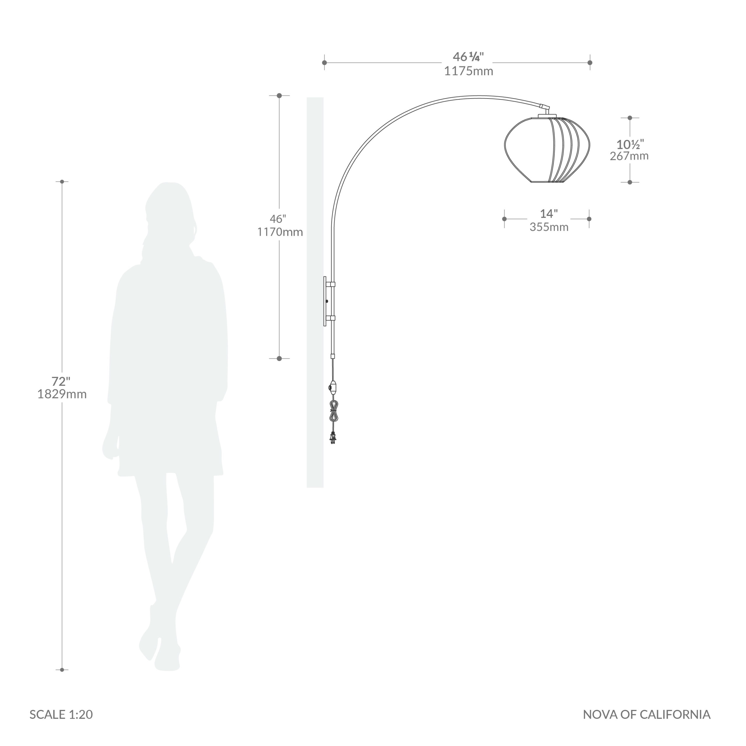 Wall Mounted Arc Lamp, Weathered Brass, Bloom White Satin Shade, Dimmable