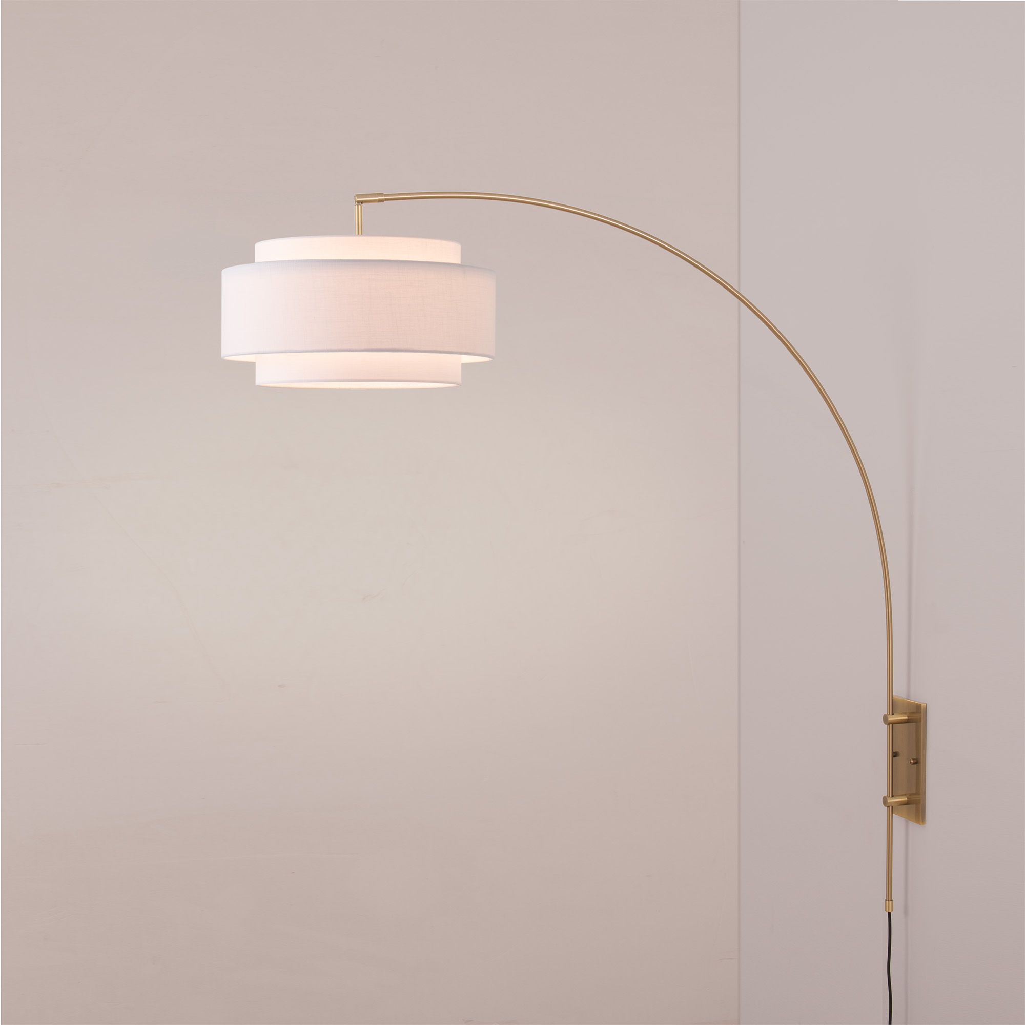 Wall Mounted Arc Lamp – Weathered Brass, Coronado White Linen Shade, Dimmable, Bulb Included