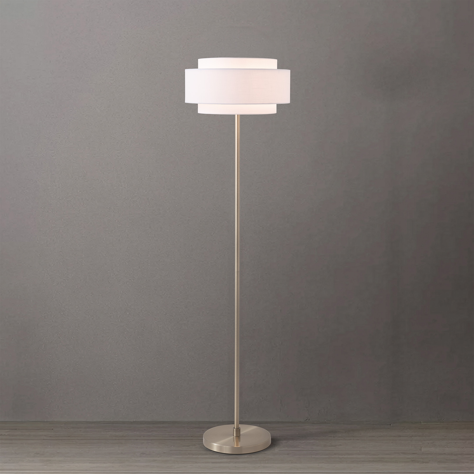 Slimline Floor Lamp, Coronado White Linen Shade, Satin Nickel Base