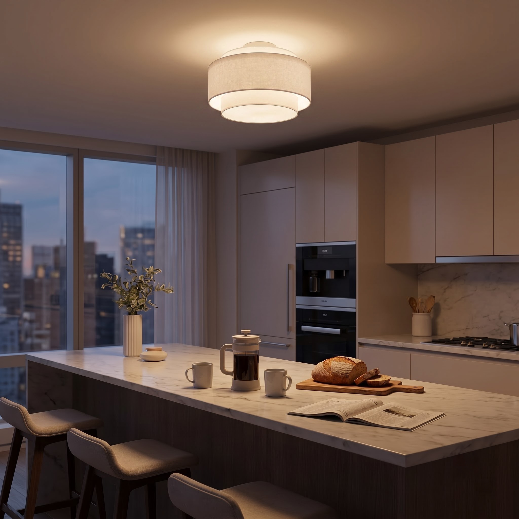 Coronado Flush Mount, Satin Nickel, White Linen Shade, Dimmable