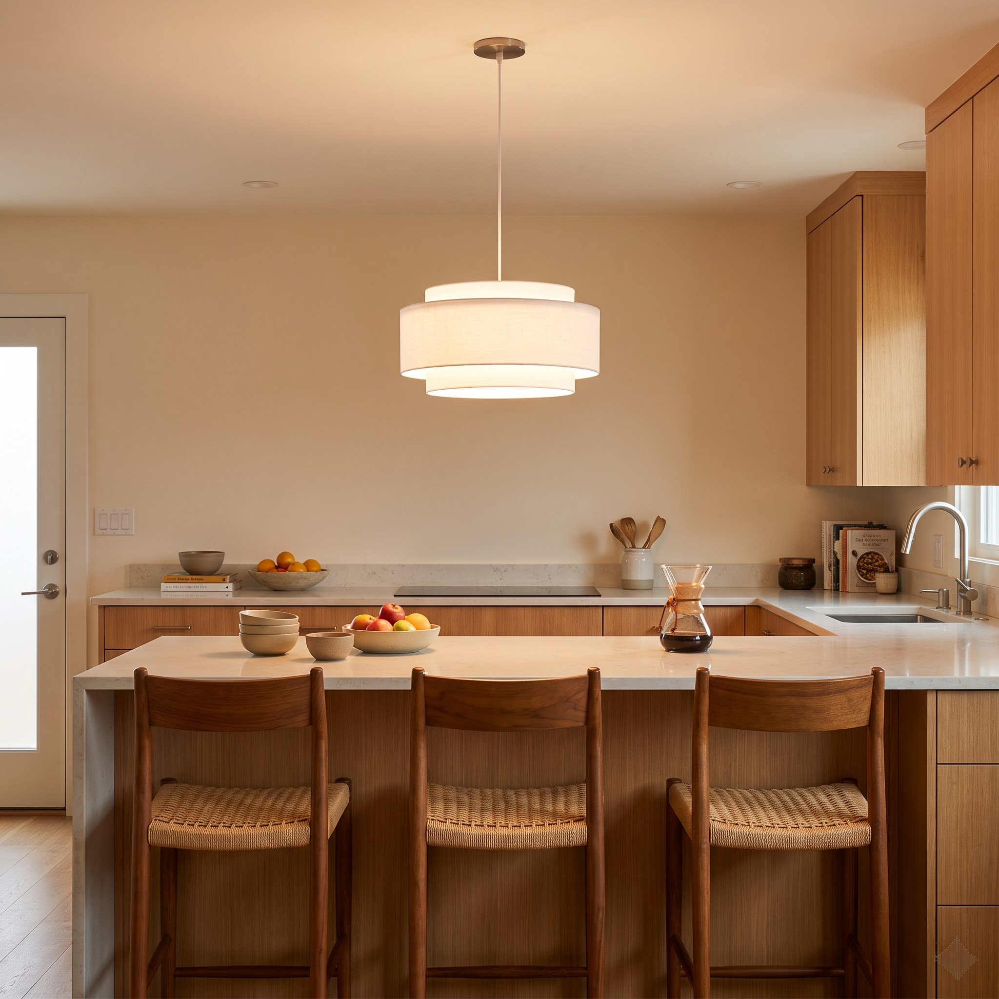 Coronado Pendant, White Linen Shade, Satin Nickel, Dimmable, Bulb Included