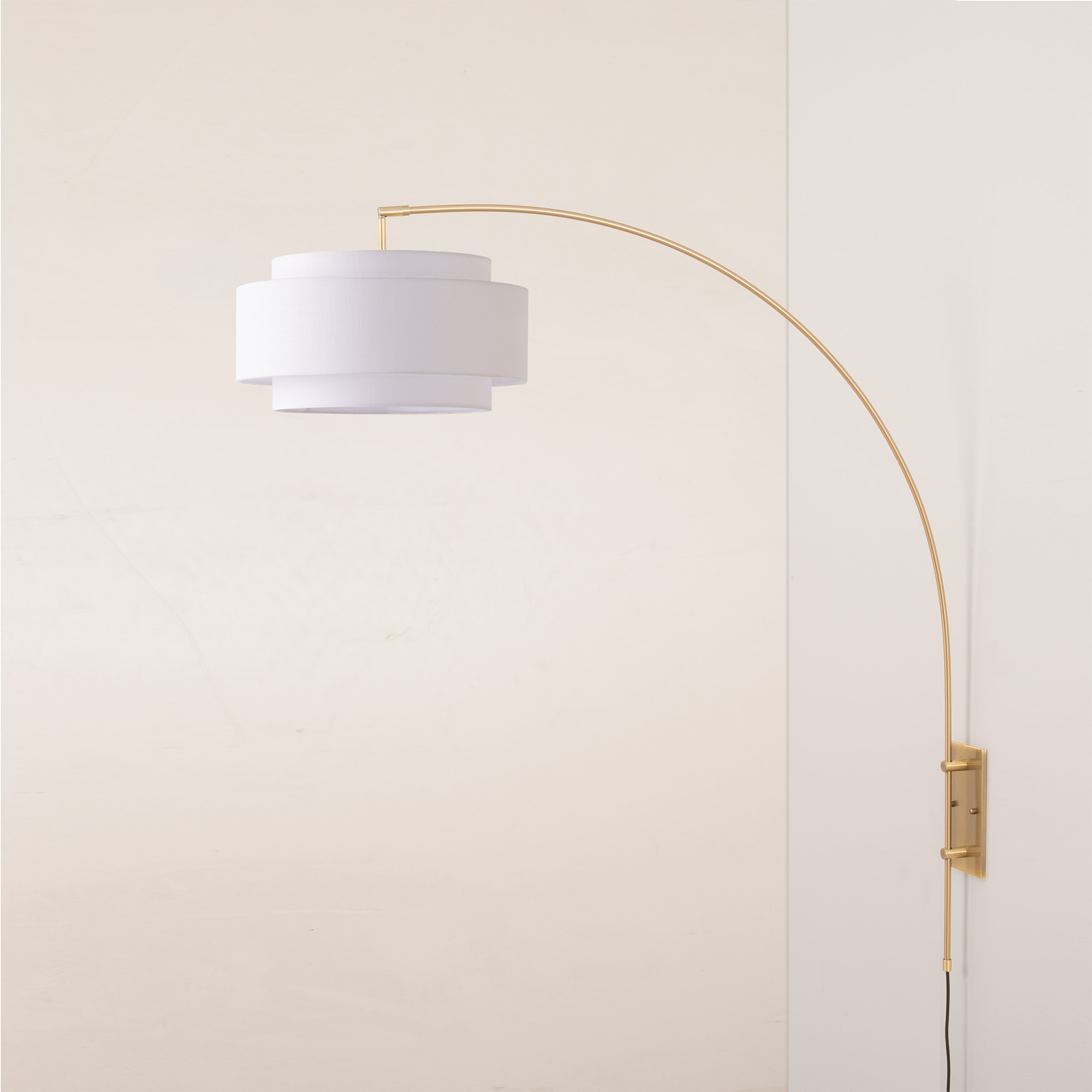 Wall Mounted Arc Lamp – Weathered Brass, Coronado White Linen Shade, Dimmable, Bulb Included