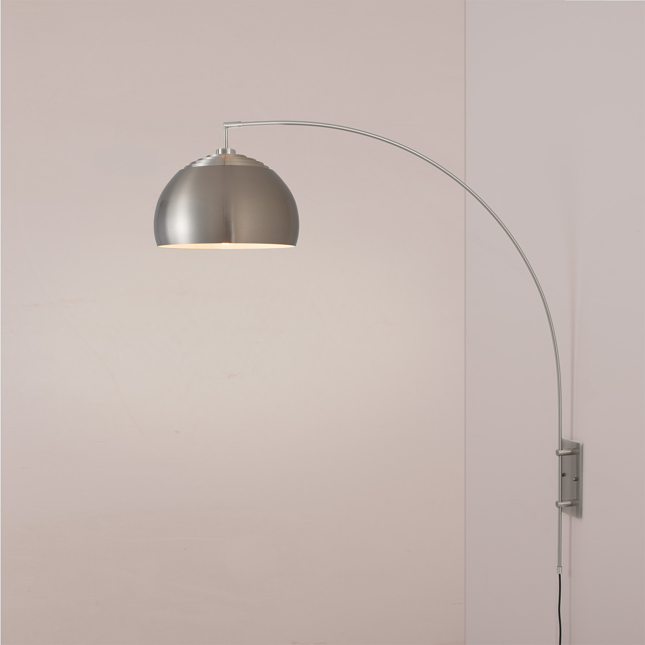 Wall Mounted Arc Lamp – Satin Nickel, Half Dome Satin Nickel Shade, Dimmable, Bulb Included
