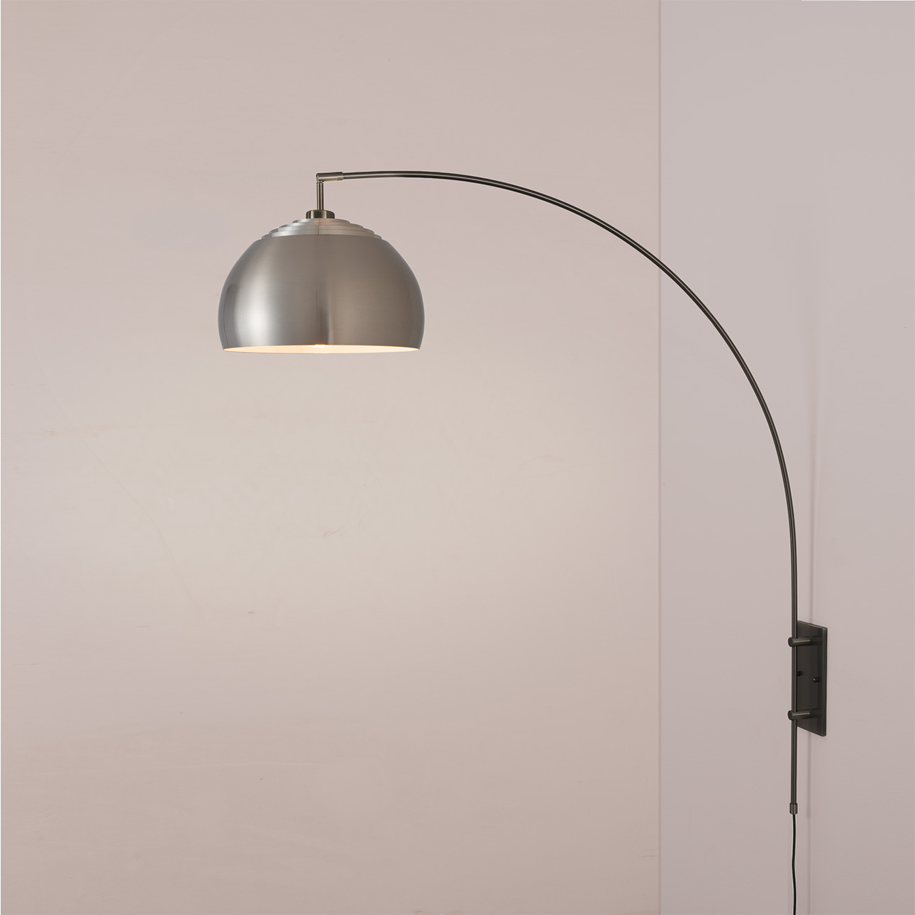 Wall Mounted Arc Lamp – Black Nickel, Half Dome Satin Nickel Shade, Dimmable, Bulb Included