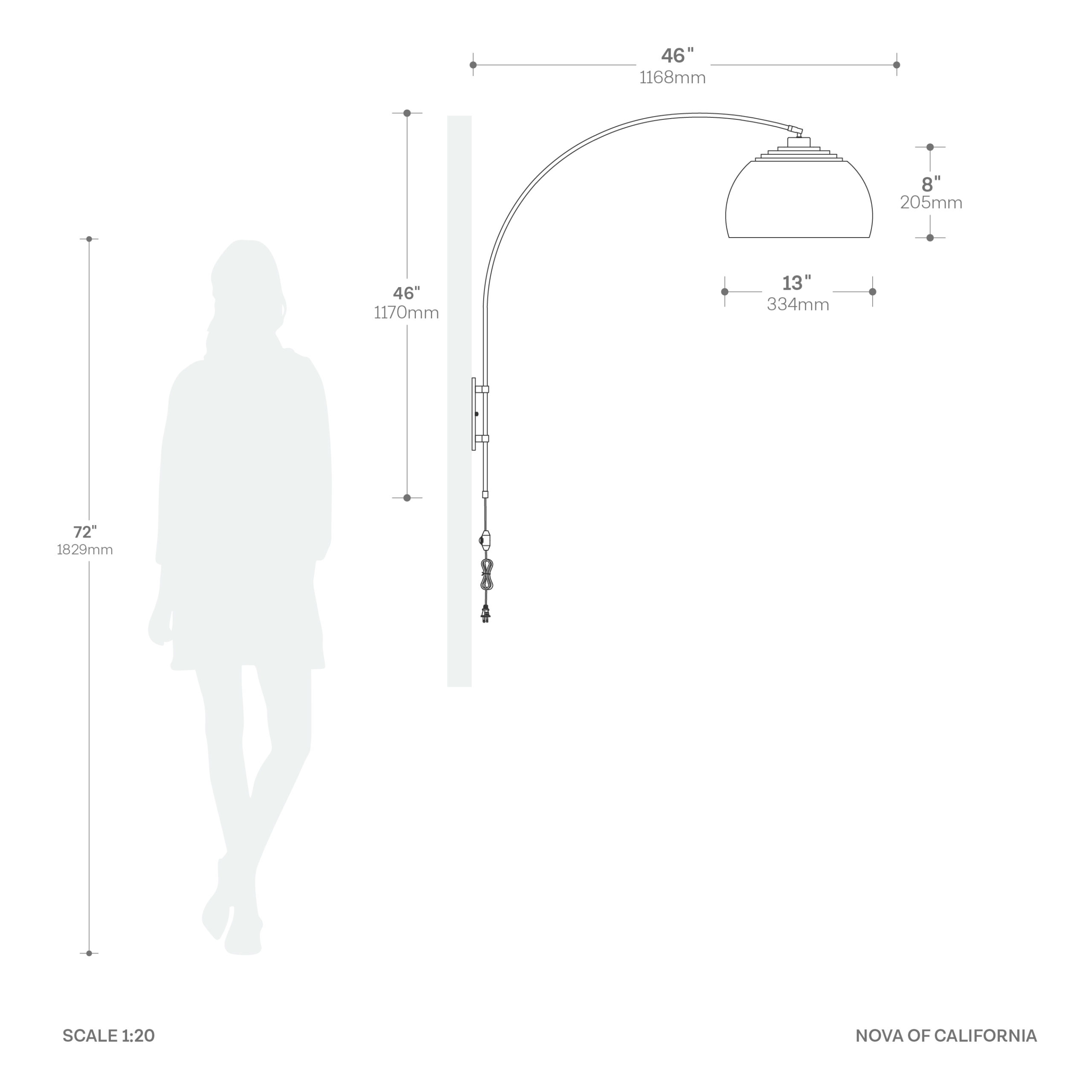 Wall Mounted Arc Lamp – Black Nickel, Half Dome Satin Nickel Shade, Dimmable, Bulb Included