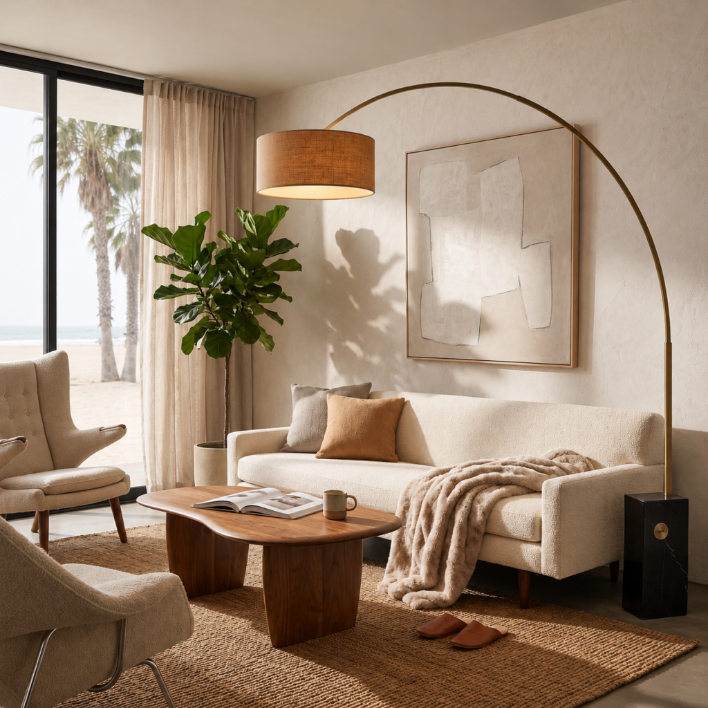 This is the most popular and most effective placement for an arc floor lamp. Position the base behind the sofa tucked against the wall or in the gap between the sofa back and the wall.