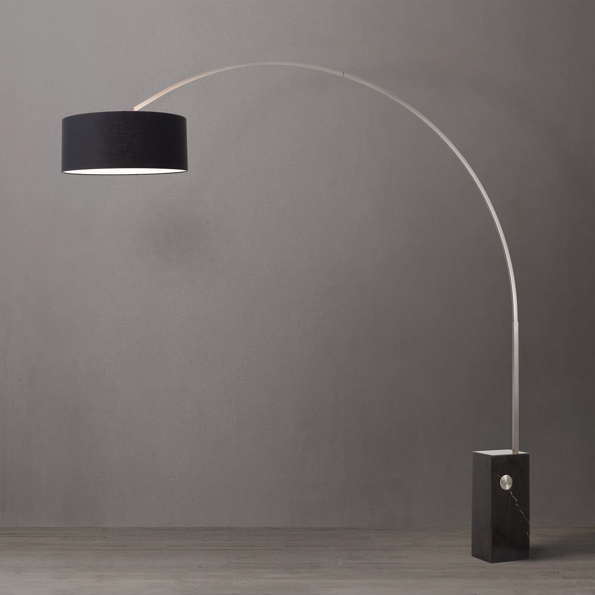 Iconic Arc Lamp – Satin Nickel, Black Marble Base, Drum Black Linen Shade, Dimmable