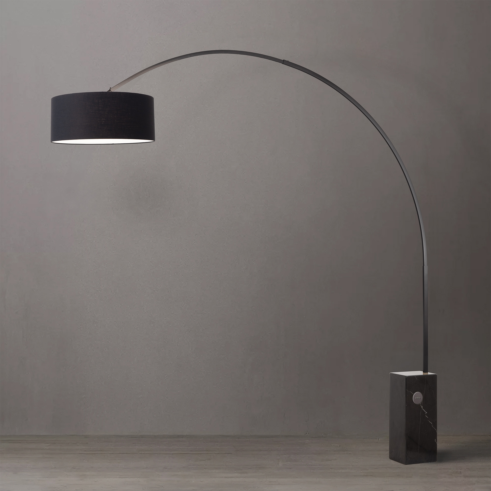 Iconic 92″H Arc Lamp – Black Nickel, Black Marble Base, Drum Black Linen Shade, Dimmable, Bulb Included
