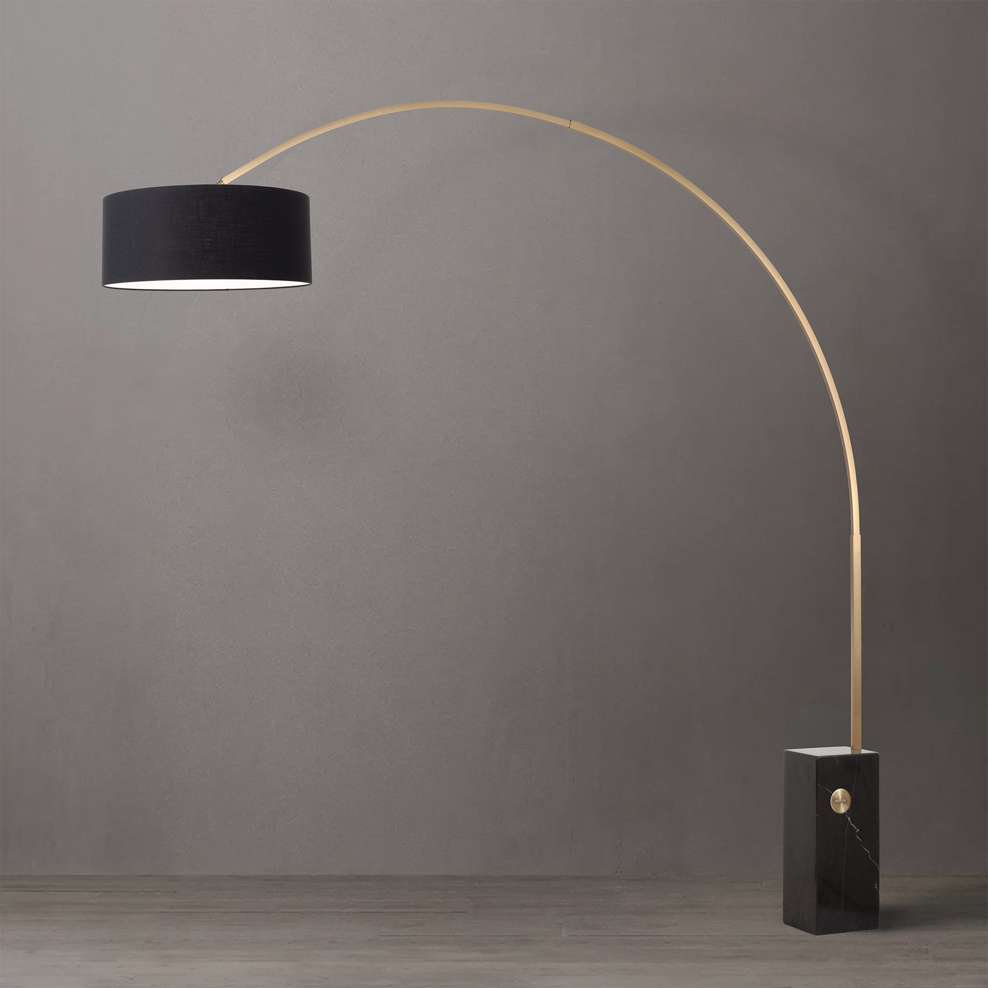 Iconic 92″H Arc Lamp – Weathered Brass, Black Marble Base, Drum Black Linen Shade, Dimmable, Bulb Included