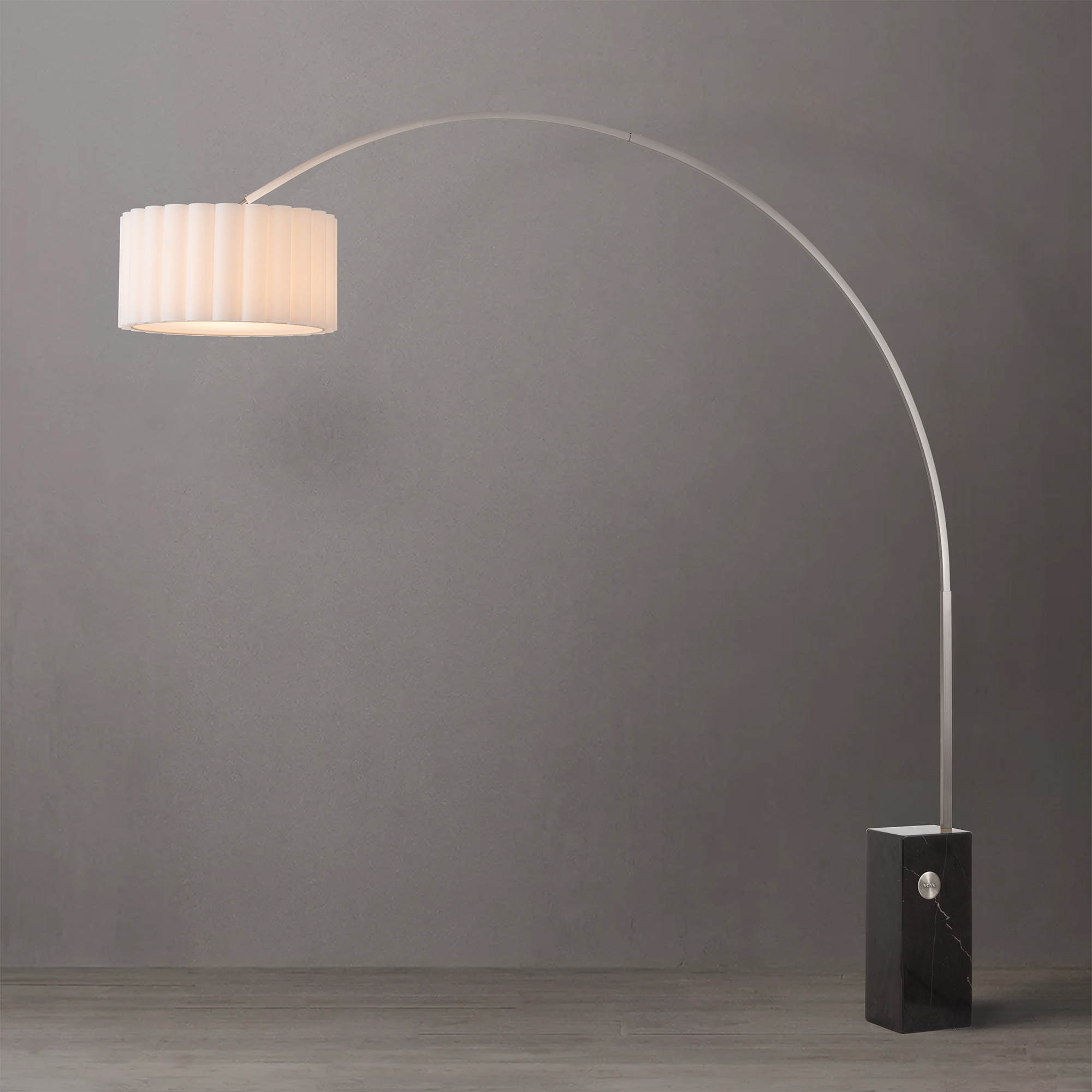 Iconic 92″ Arc Lamp – Satin Nickel, Black Marble Base, Scallop White Linen Shade, Dimmable, Bulb Included