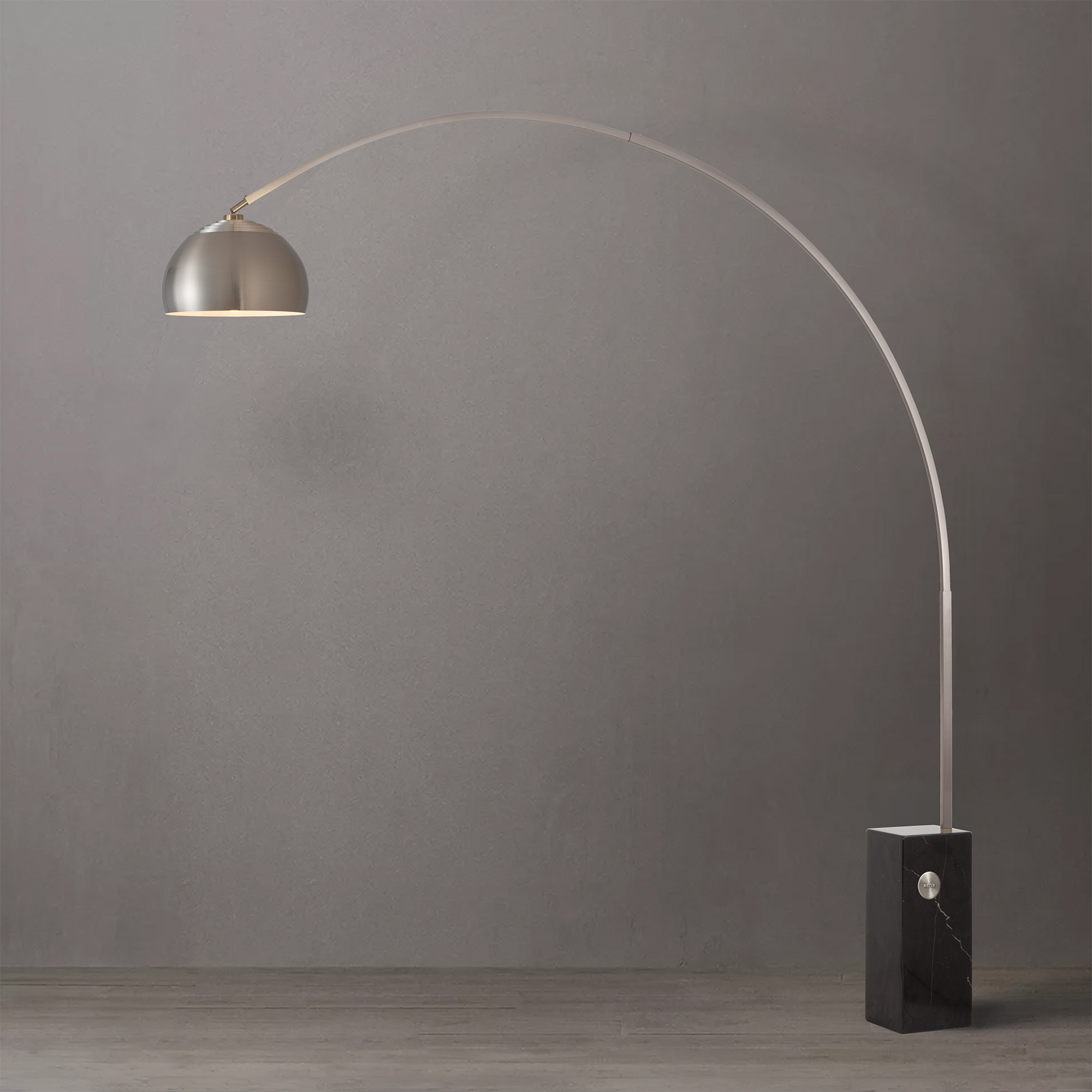 Iconic Half Dome 95″H 1-Light Arc Lamp, Half Dome Satin Nickel Steel Shade, Satin Nickel Steel Body, Black Marble Base, Floor Foot Slide Dimmer