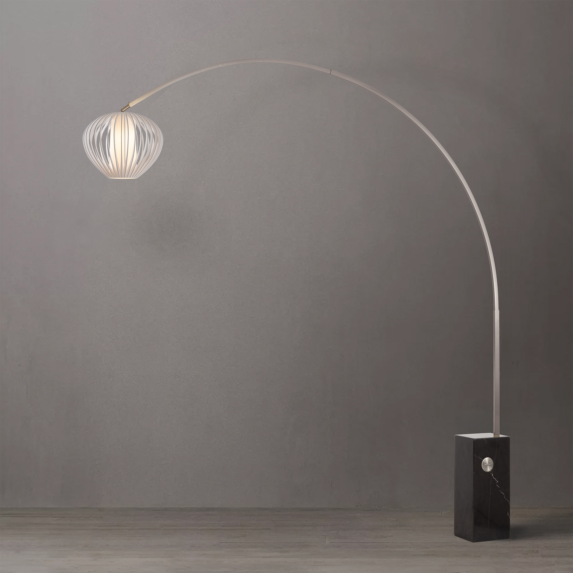 Iconic 92″H 1-Light Arc Lamp, Bloom White Satin Shade, Black Block Marble Base, Satin Nickel