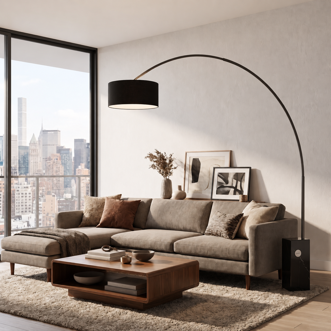 Iconic 92″H Arc Lamp – Black Nickel, Black Marble Base, Drum Black Linen Shade, Dimmable, Bulb Included