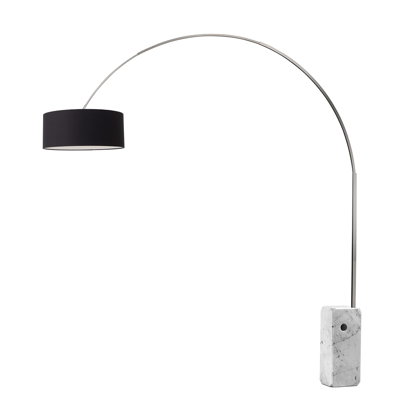 Iconic Arc Lamp - Satin Nickel, White Marble Base, Drum Black Linen Shade, Dimmable