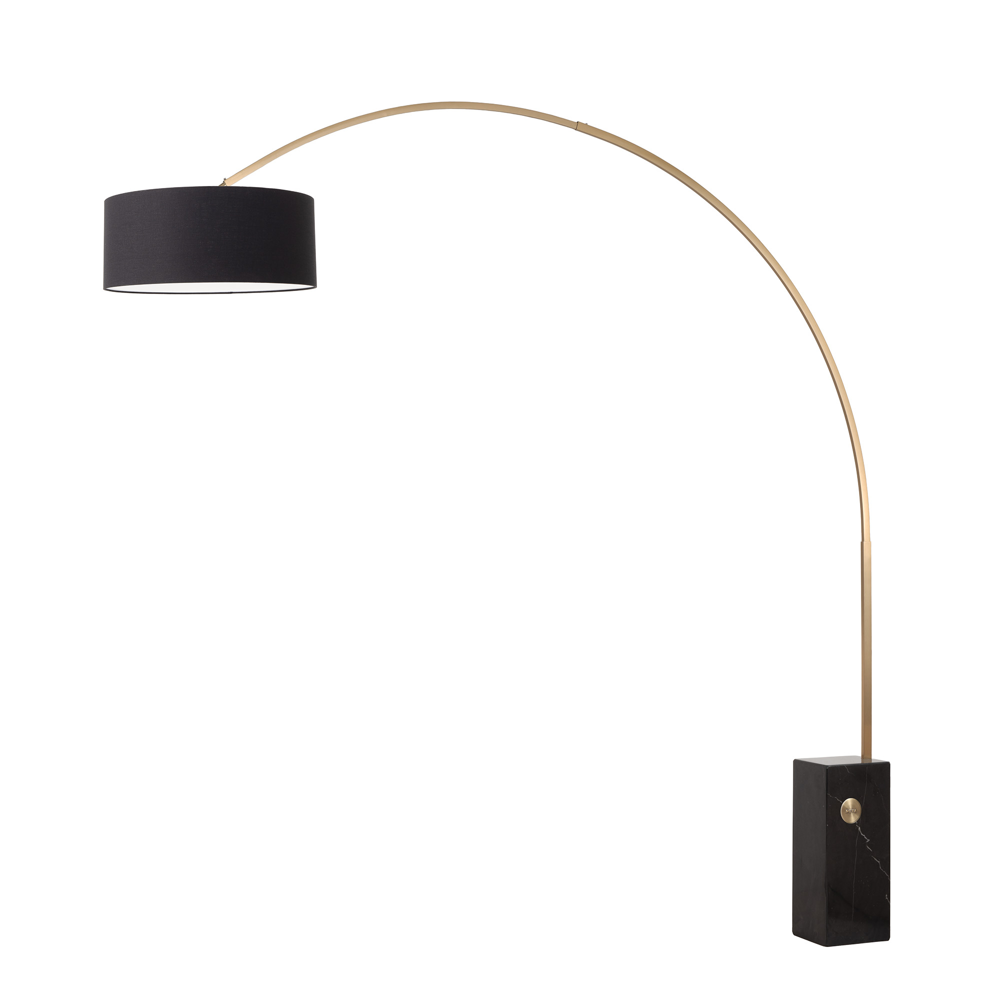 Iconic 92"H Arc Lamp - Weathered Brass, Black Marble Base, Drum Black Linen Shade, Dimmable, Bulb Included