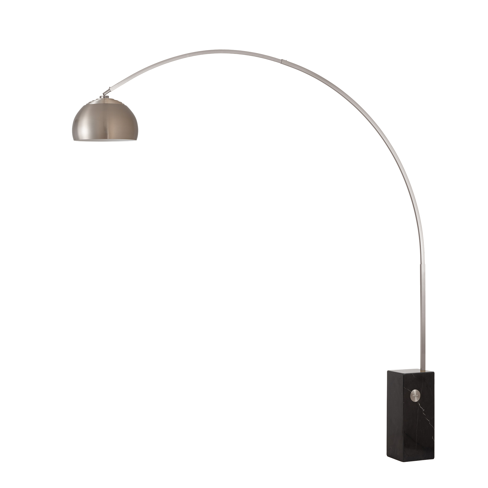 Iconic Half Dome 95"H 1-Light Arc Lamp, Half Dome Satin Nickel Steel Shade, Satin Nickel Steel Body, Black Marble Base, Floor Foot Slide Dimmer