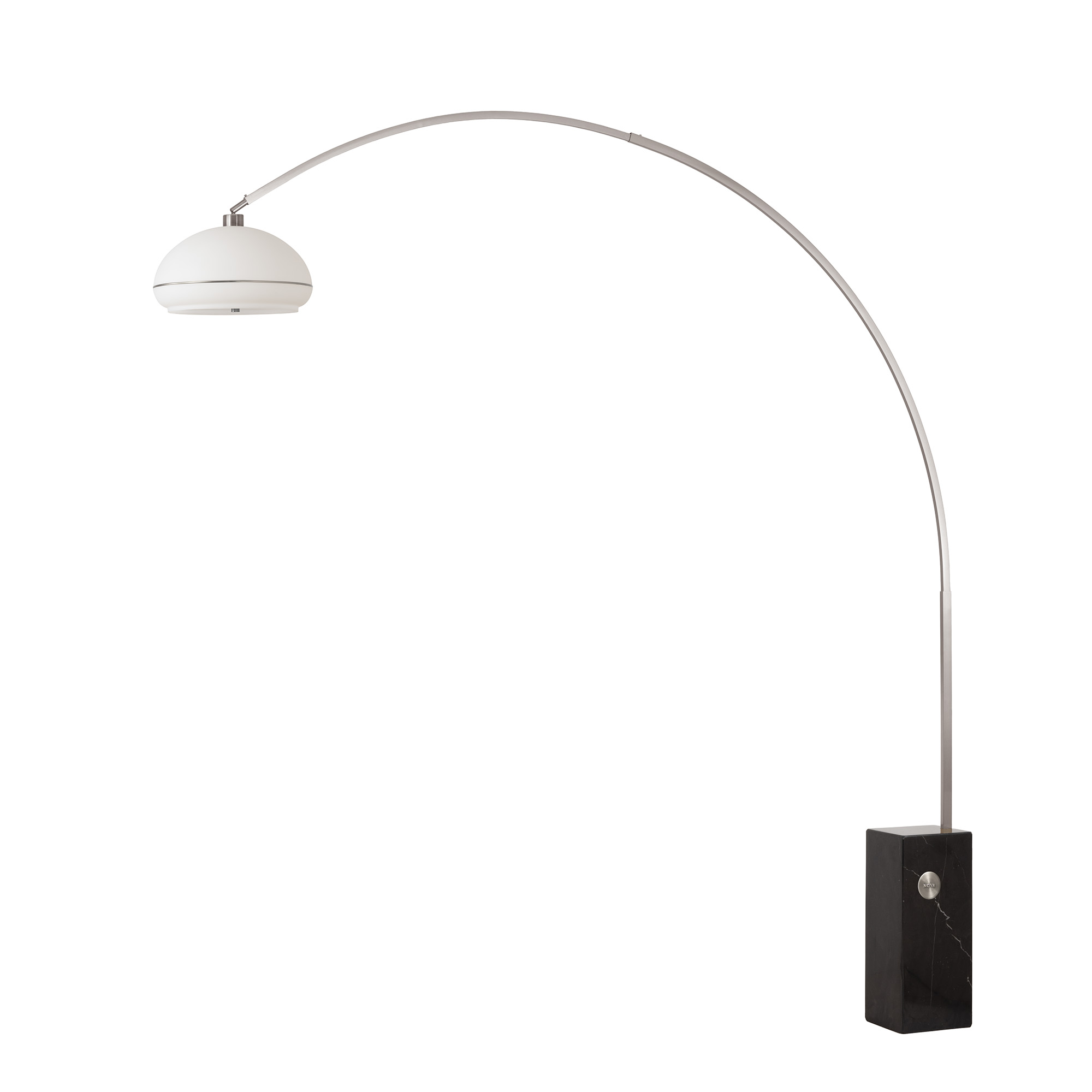 Iconic Morelli 95"H 1-Light Arc Lamp, Morelli Satin Nickel Lucite Shade, Satin Nickel Steel Body, Black Marble Base, Floor Foot Slide Dimmer